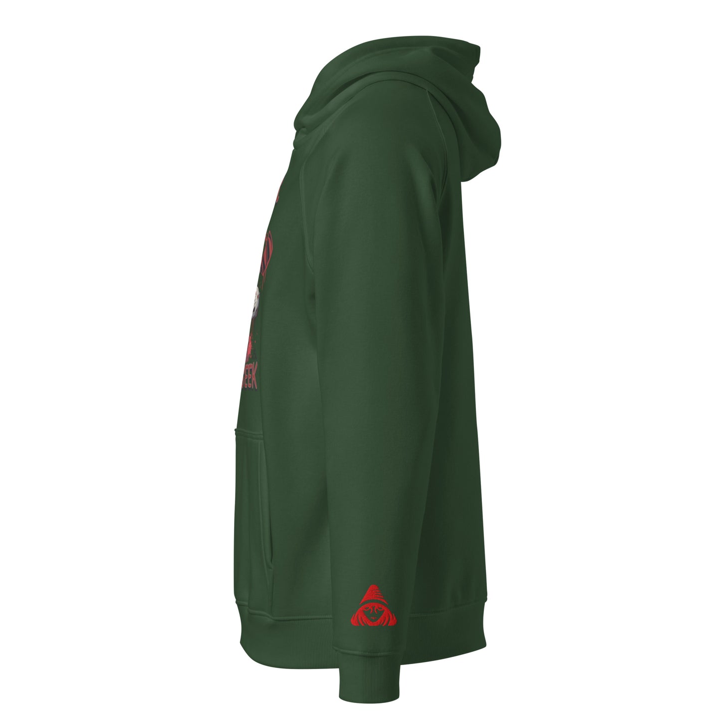 Green hoodie with a red logo on a white background