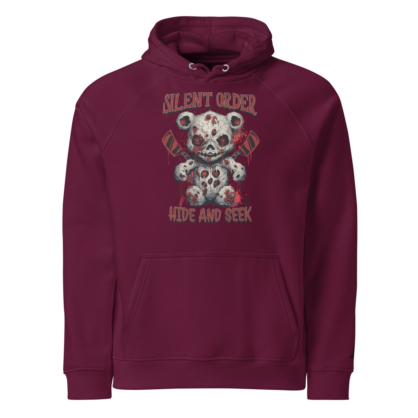 Maroon hoodie with a graphic design of a bear and text on a white background