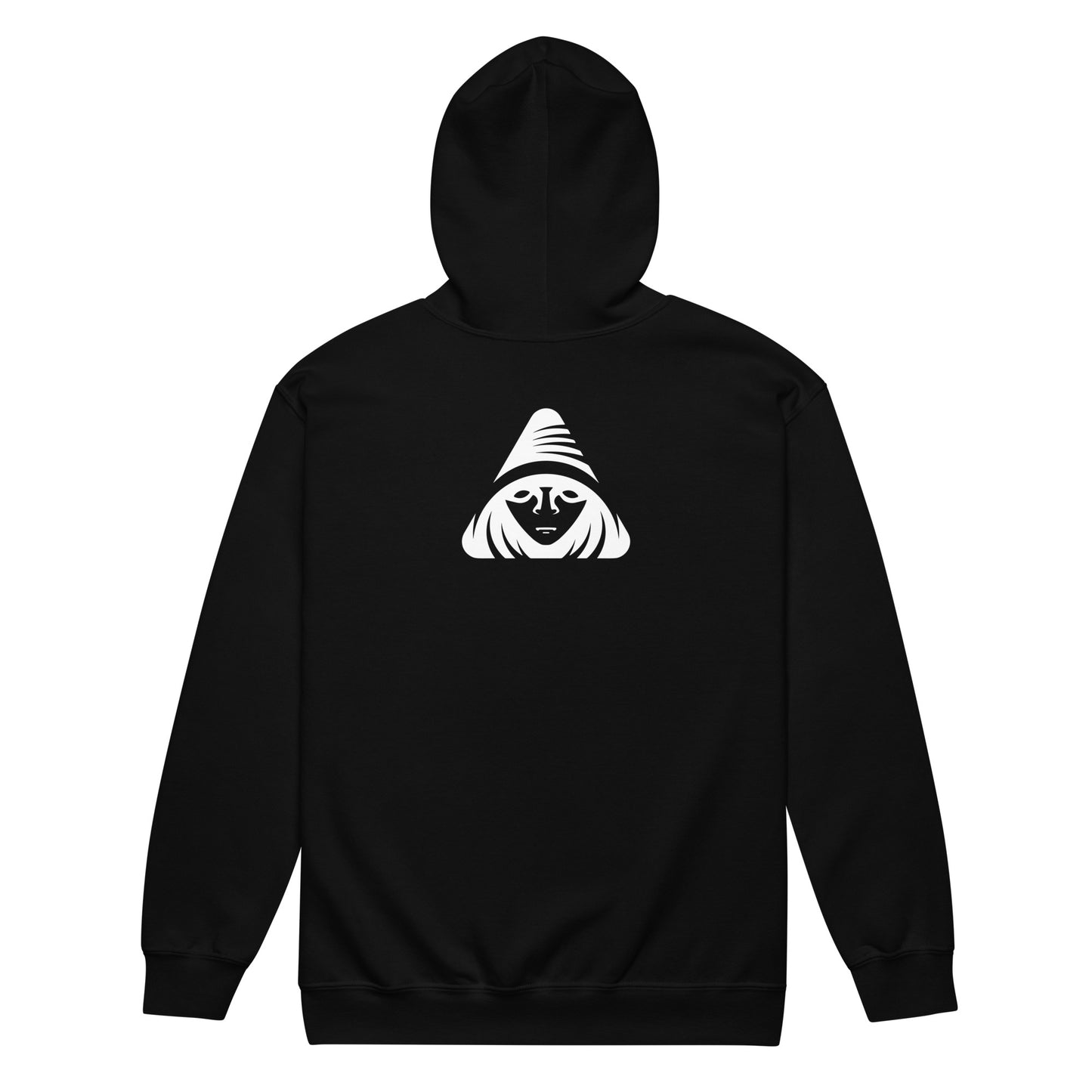 Black hoodie with a white graphic on the back against a white background