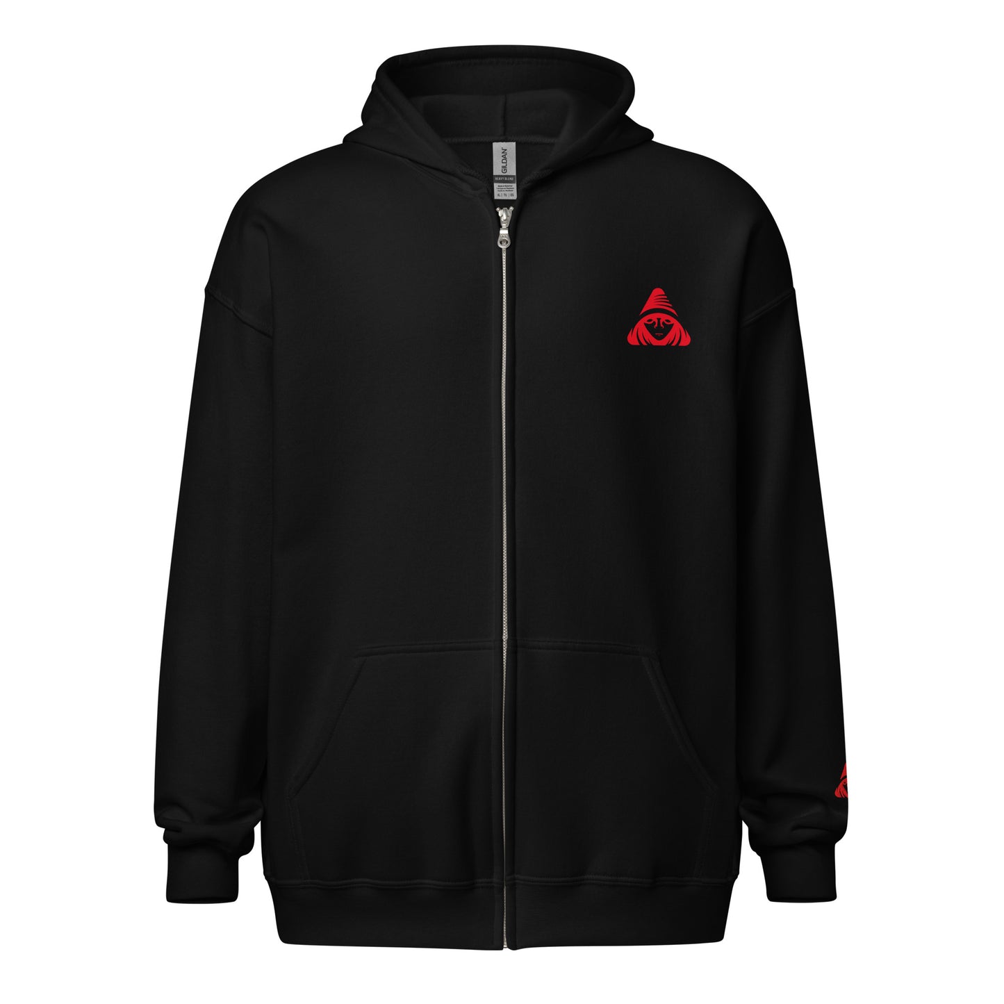 Black hoodie with a red logo on a white background