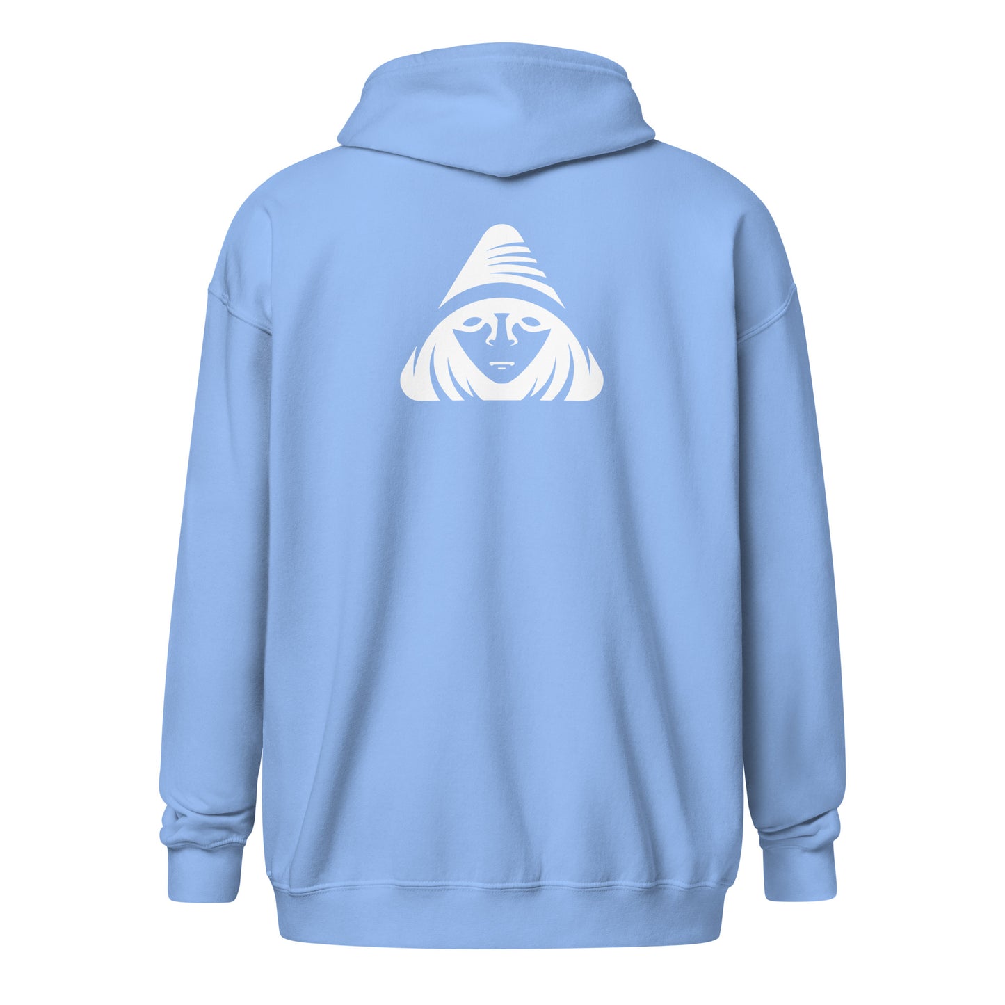 Light blue hoodie with a white graphic on the back against a white background
