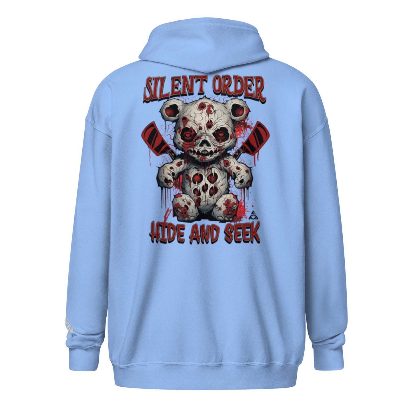 Light blue hoodie with a graphic design on the back featuring a bear and text.