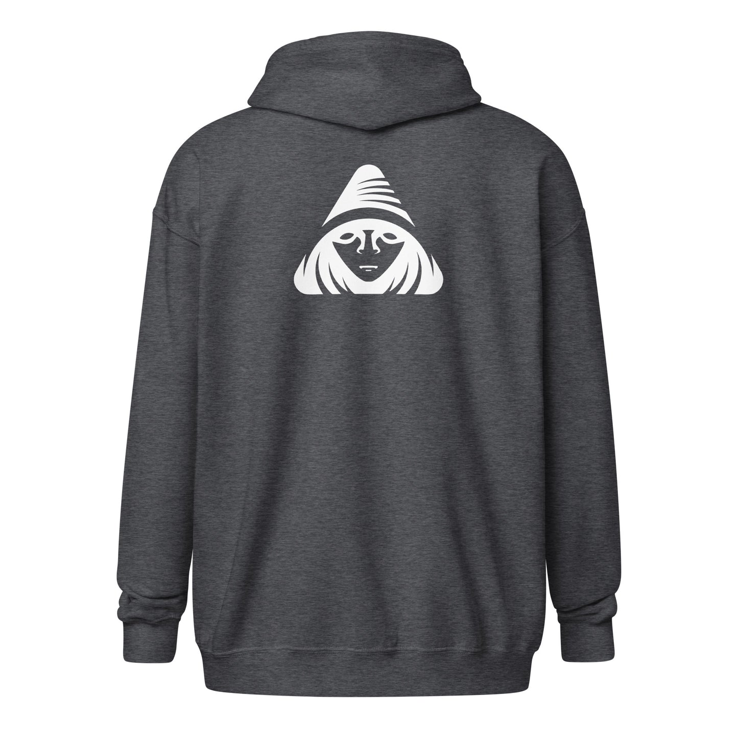 Dark gray hoodie with a white graphic on the back against a white background