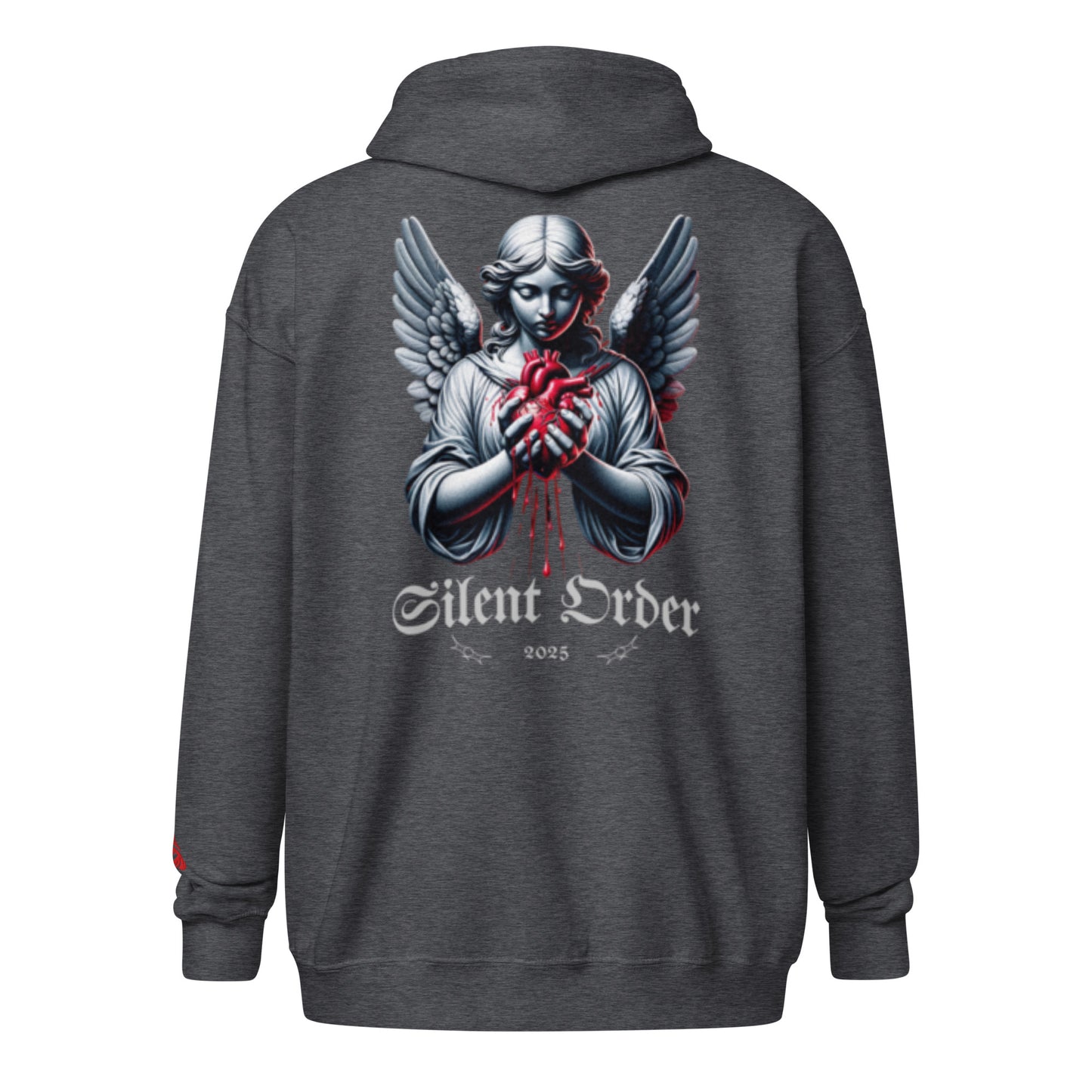 Dark gray hoodie with an angel graphic and 'Silent Order' text on the back, on a white background.