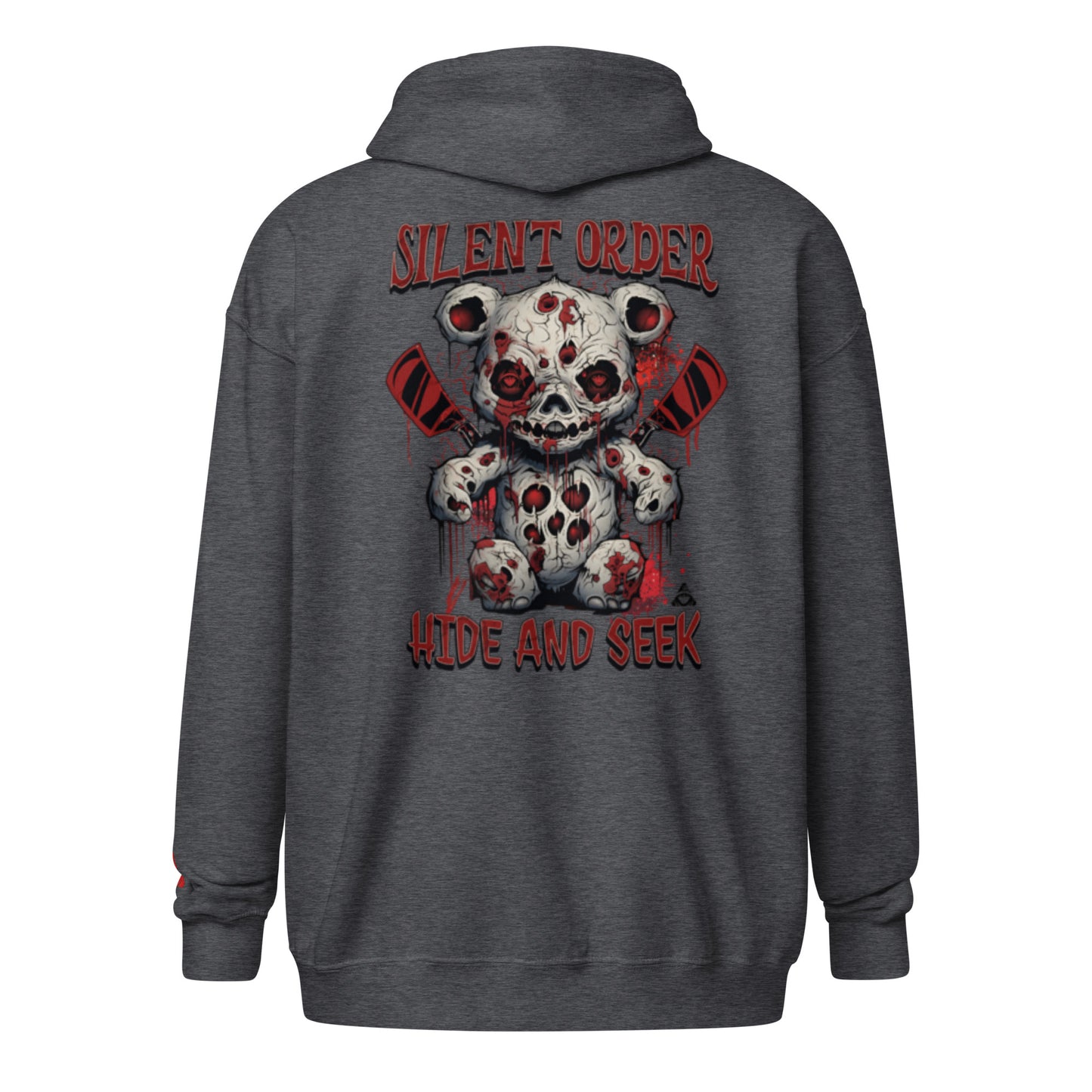 Gray hoodie with a graphic design of a bloody teddy bear and text on the back, on a white background.