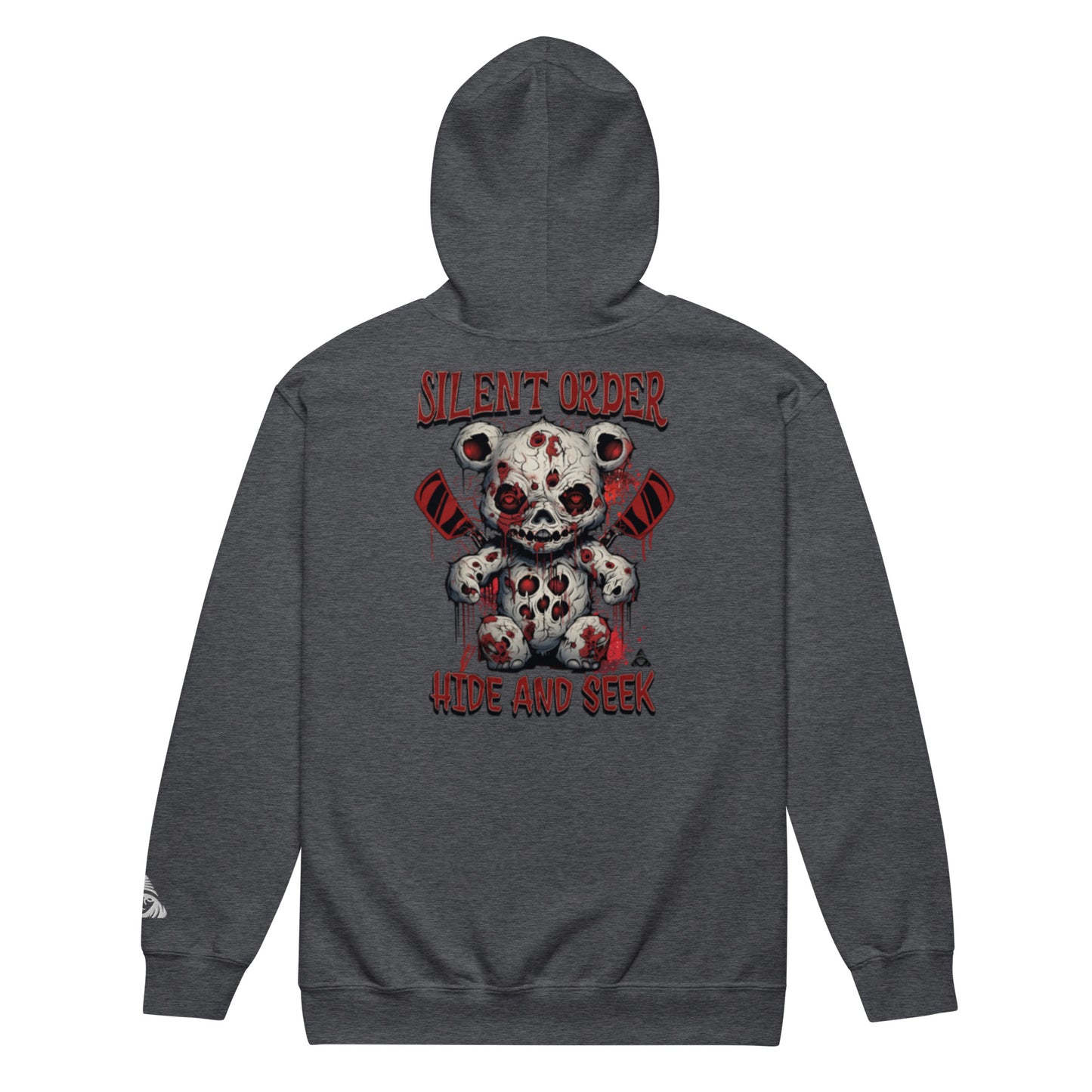 Gray hoodie with a graphic design on the back featuring a bear and text.