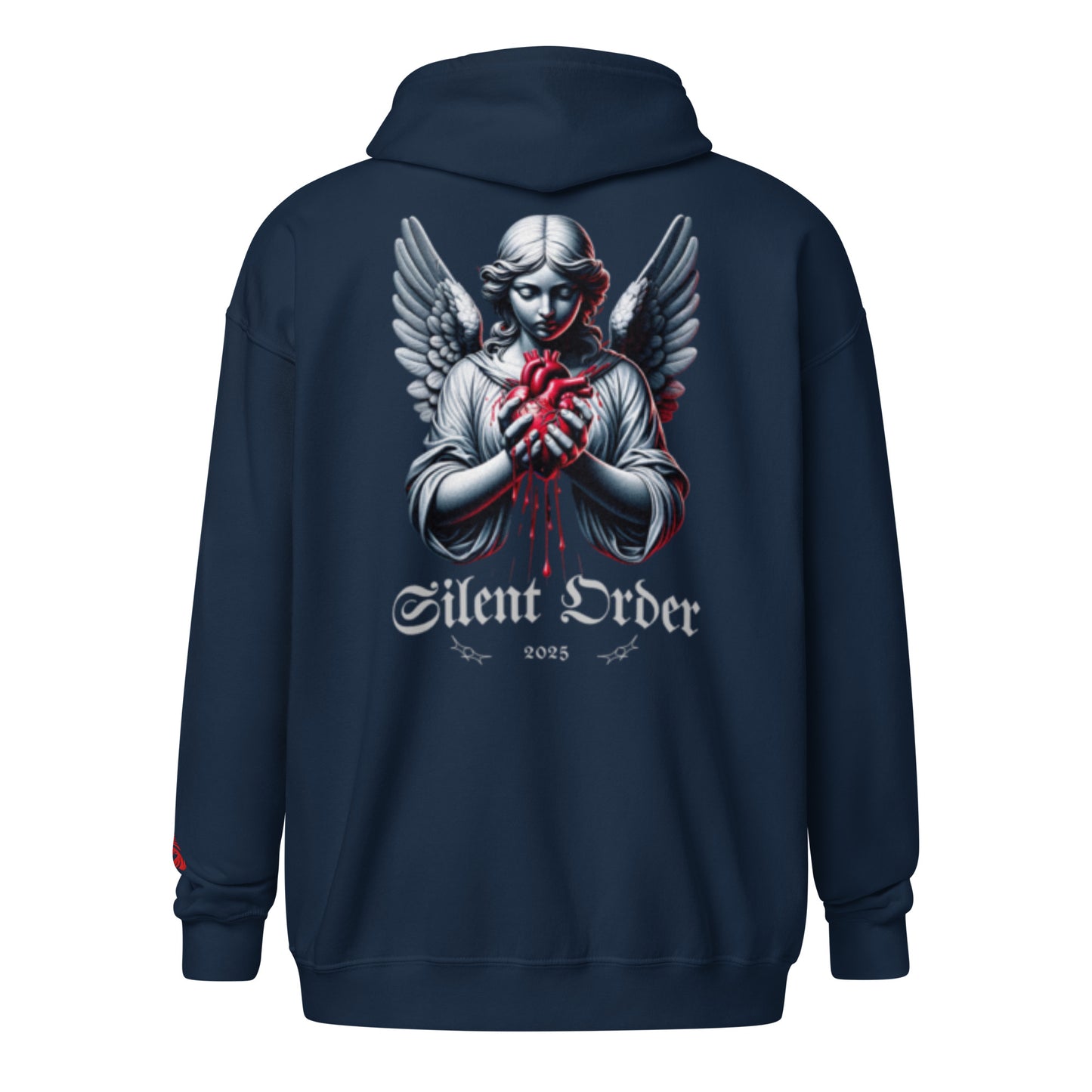Navy blue hoodie with an angel graphic and 'Silent Order' text on the back, displayed against a white background.