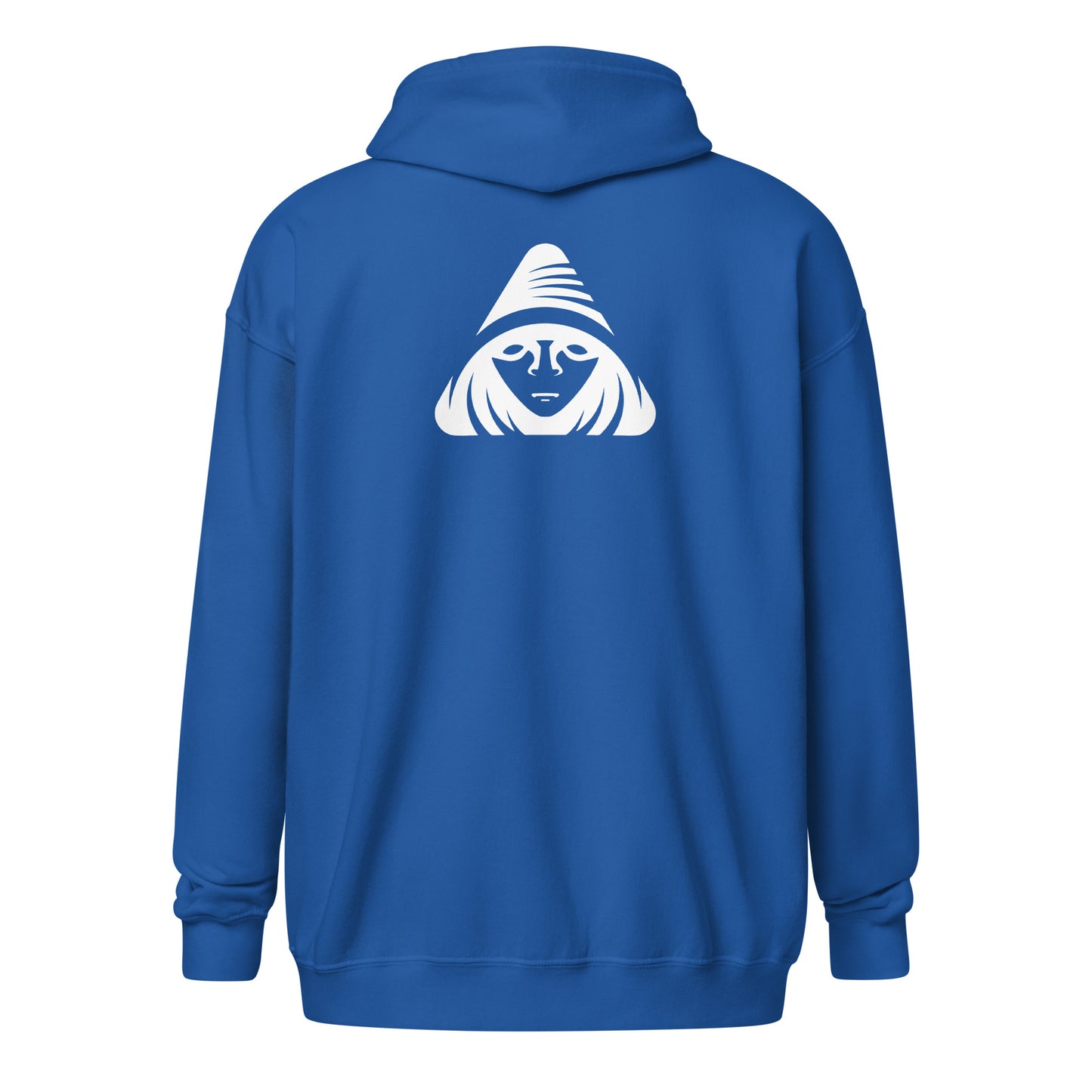 Blue hoodie with a white graphic on the back against a white background