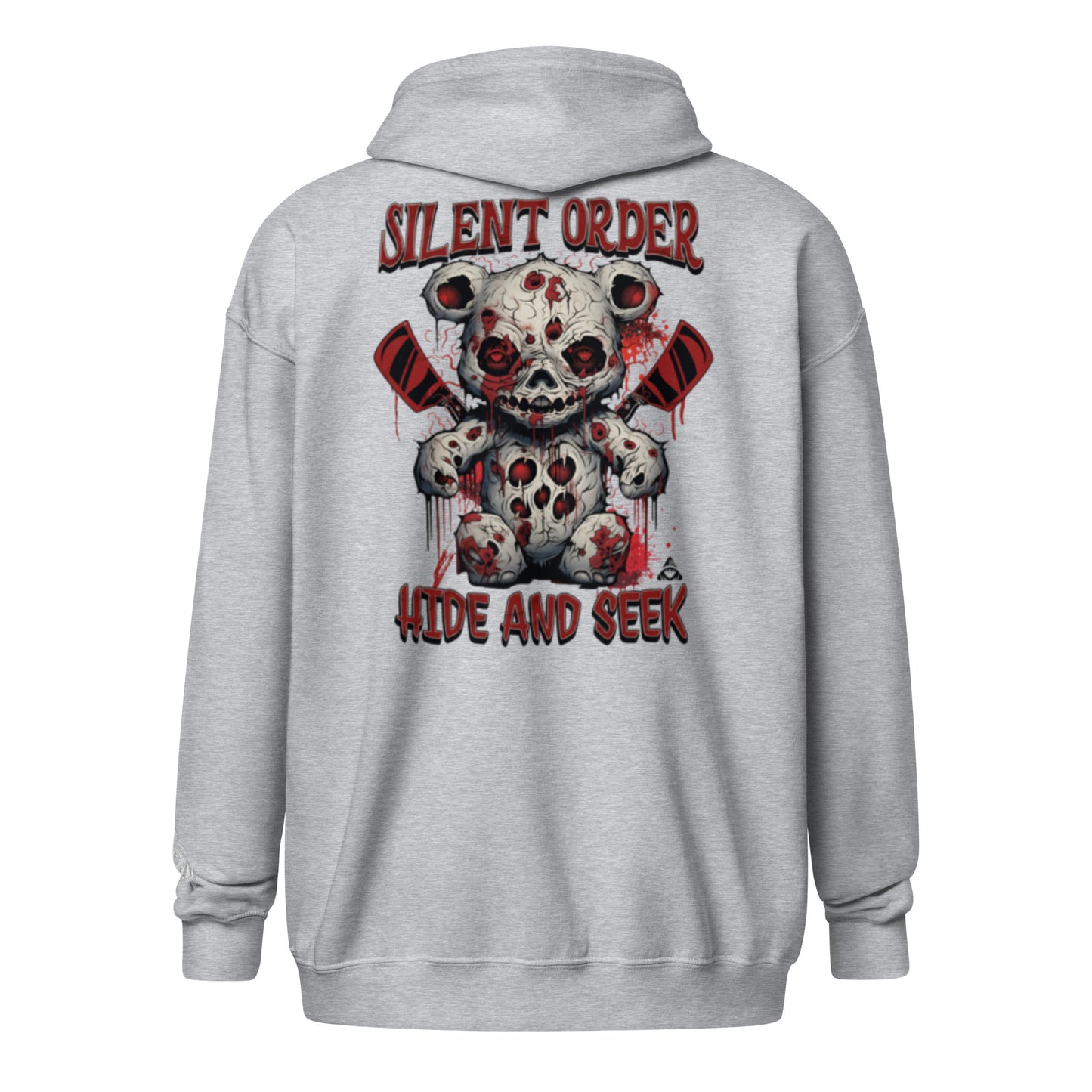 Gray hoodie with a graphic design on the back featuring a skull and text.