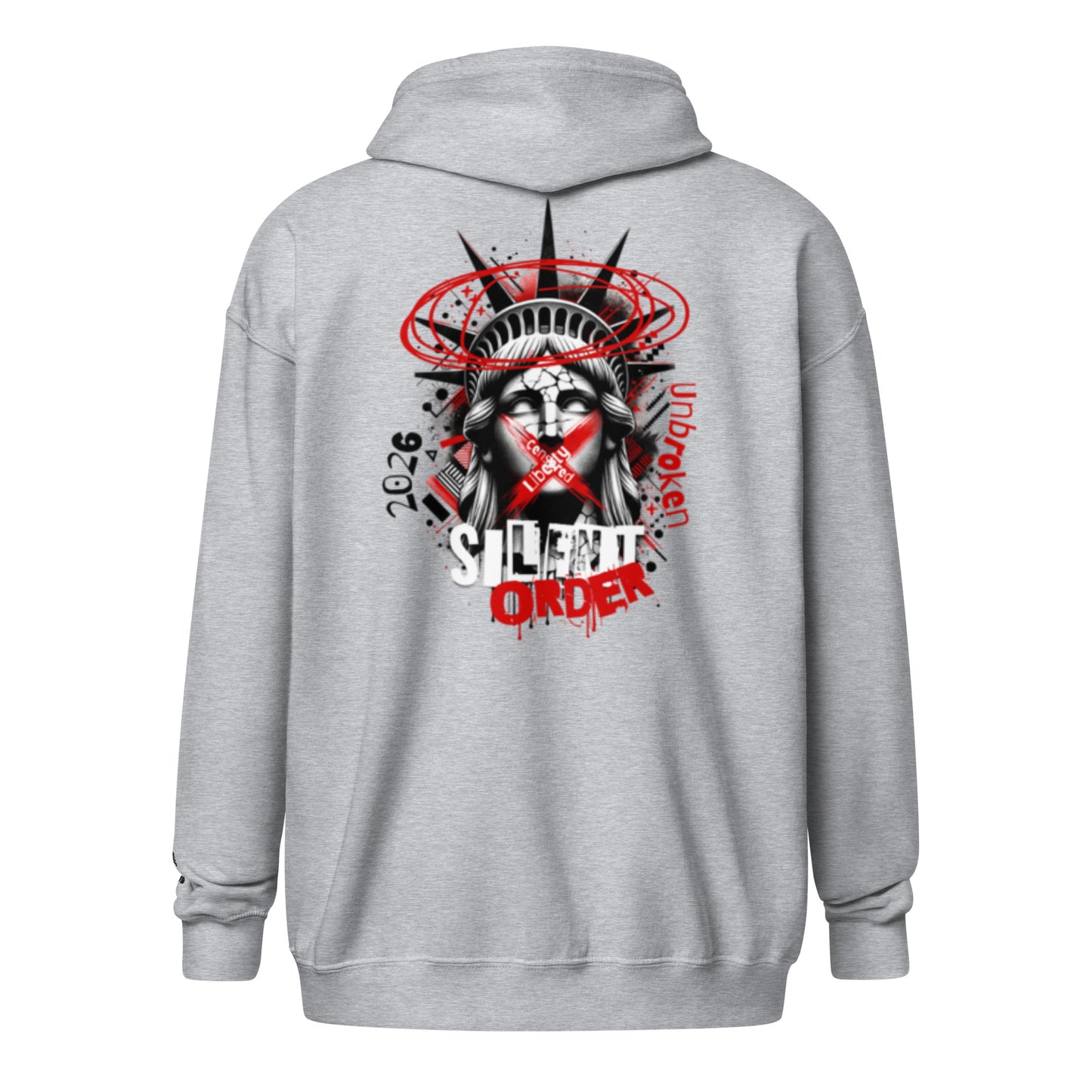 Gray hoodie with a graphic design on the back featuring a stylized face of Liberty with text.