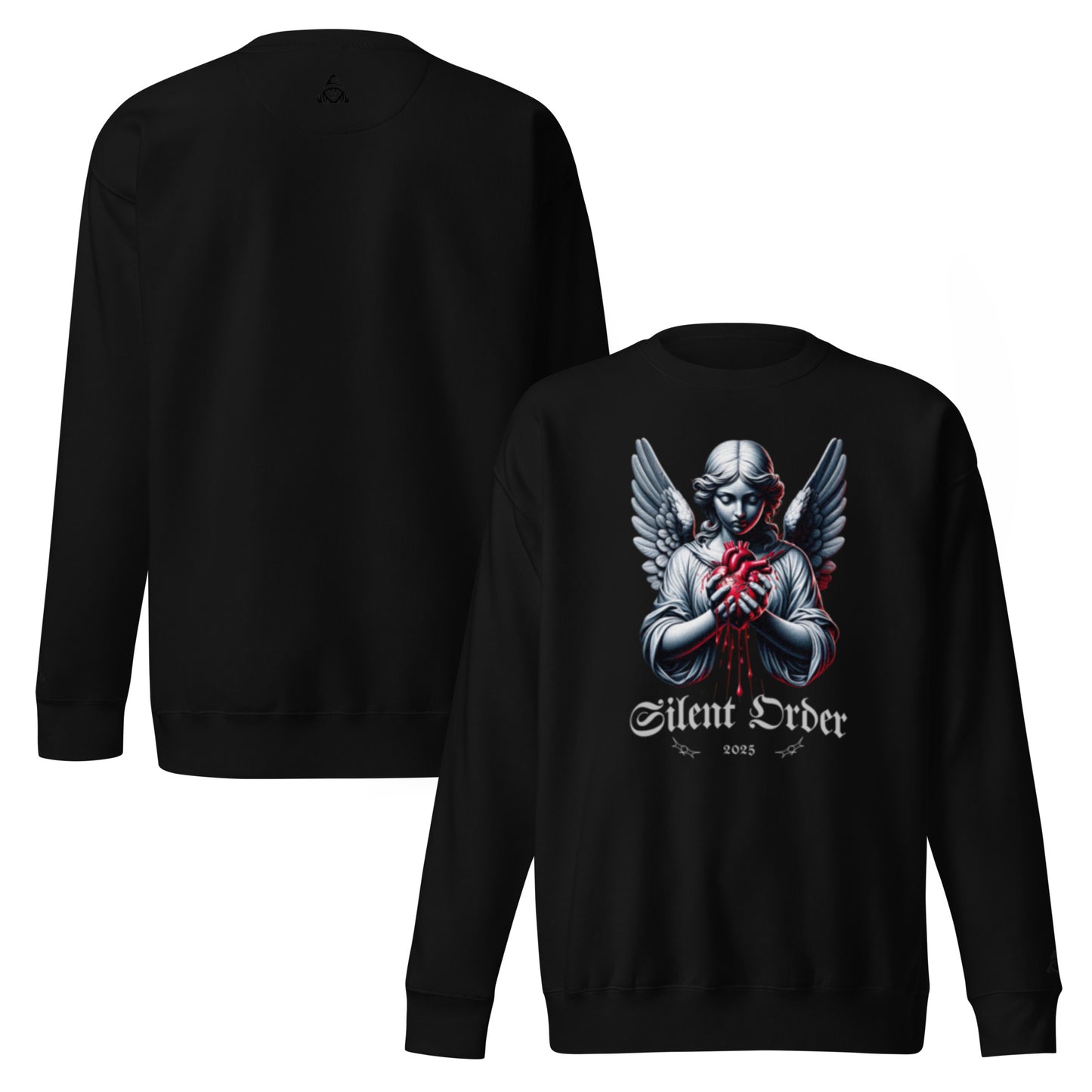 Black sweatshirt with an angel design and 'Silent Order' text on a white background