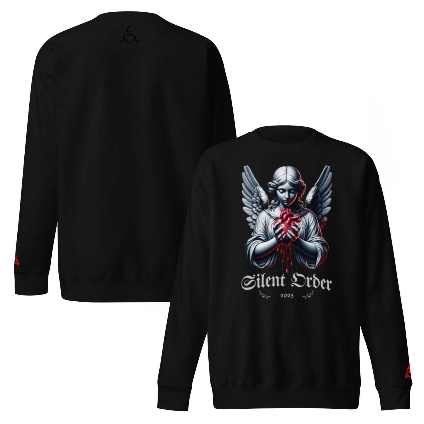 Black sweatshirt with an angel graphic and 'Silent Order' text on a white background