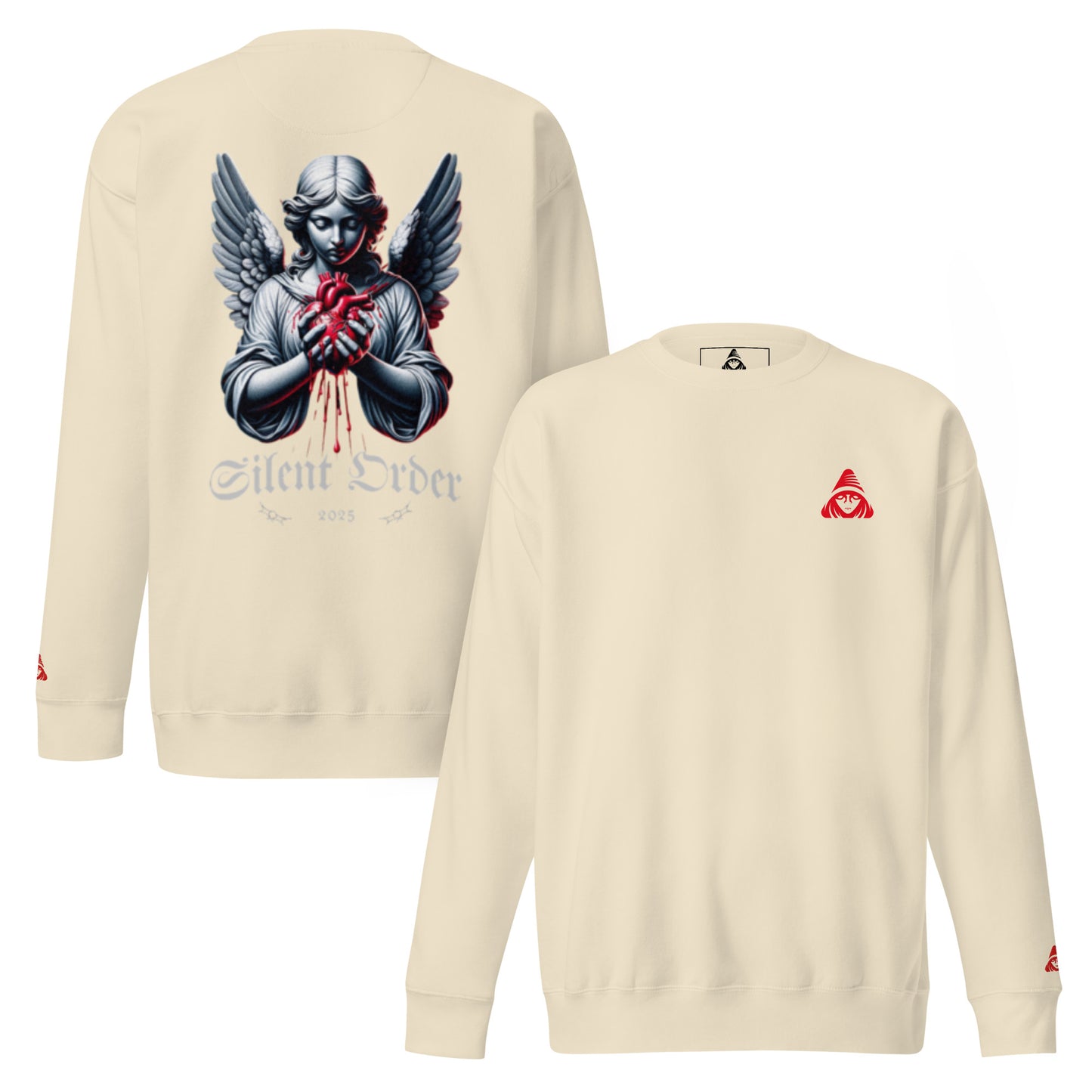 Beige sweatshirt with angel graphic on the front and brand logo on the back, displayed on a white background.