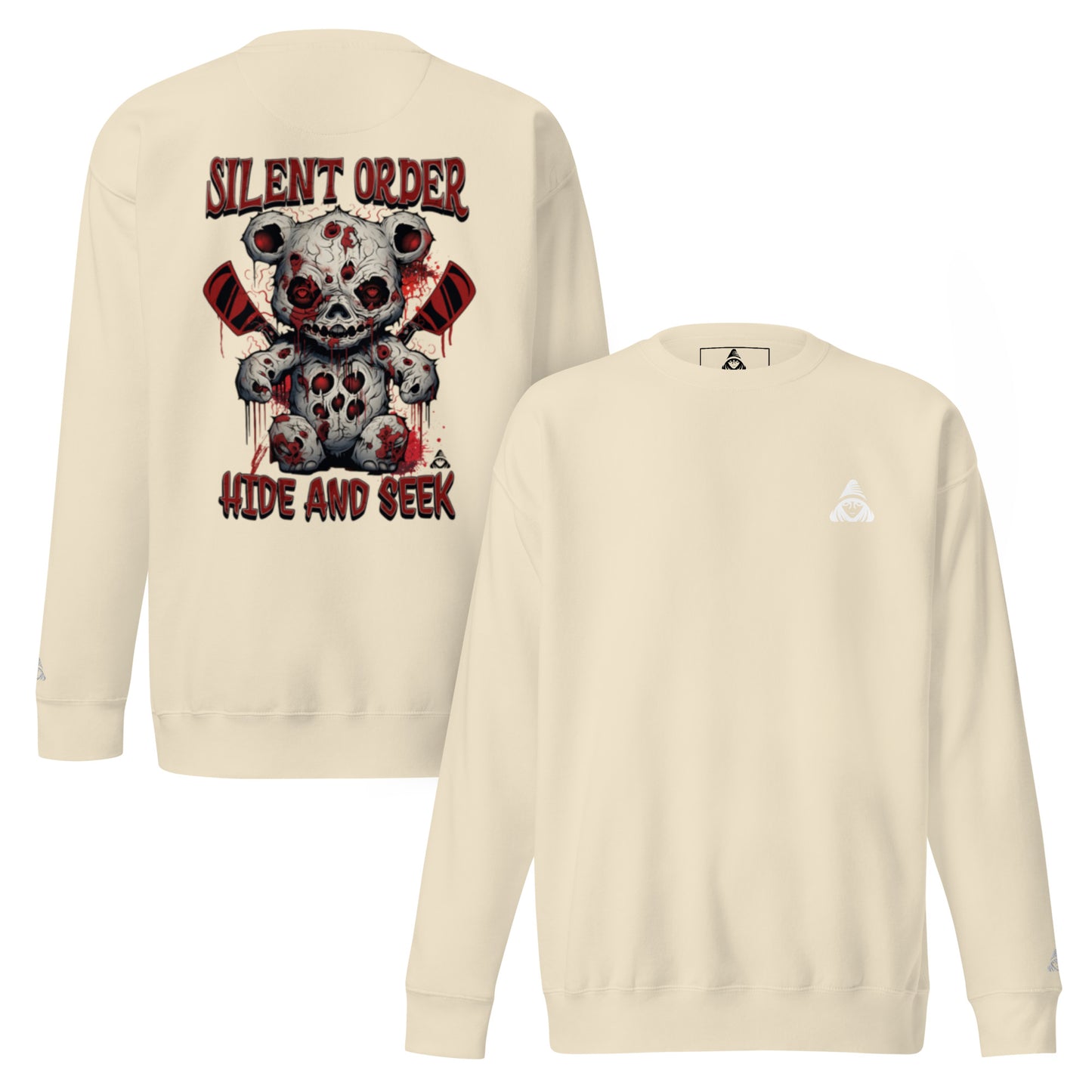 Beige sweatshirt with graphic design of a teddy bear and text on the back, brand logo on the sleeve.