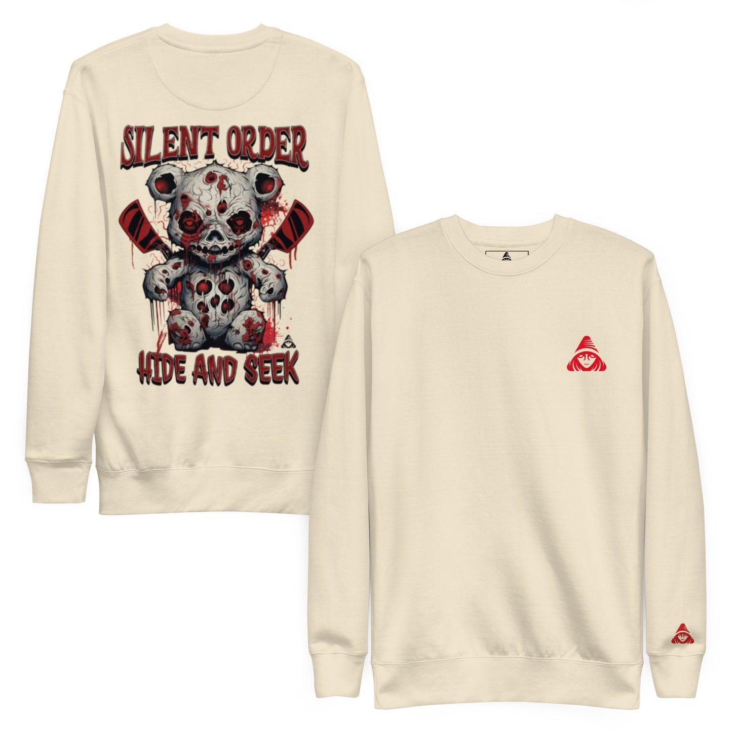 Beige sweatshirt with graphic design and brand logo on a white background