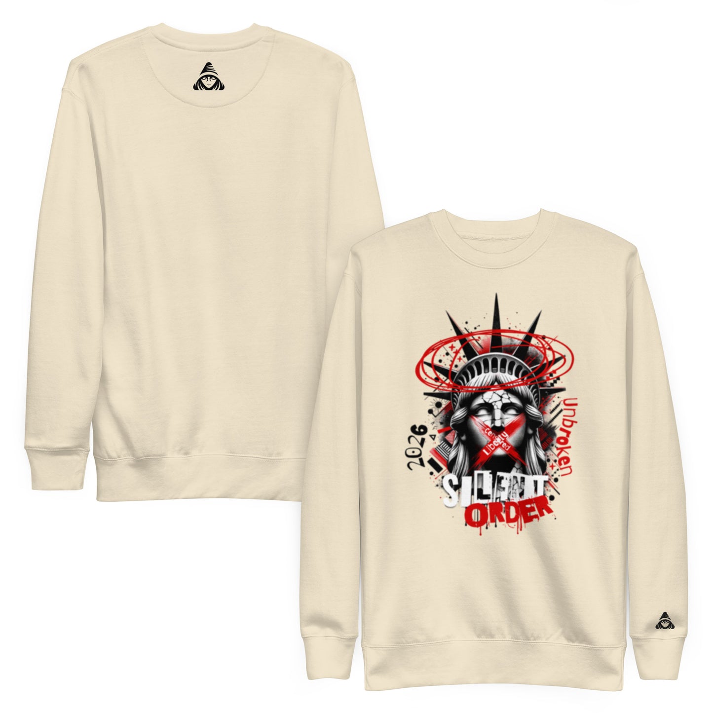 Beige sweatshirt with graphic design on front and back