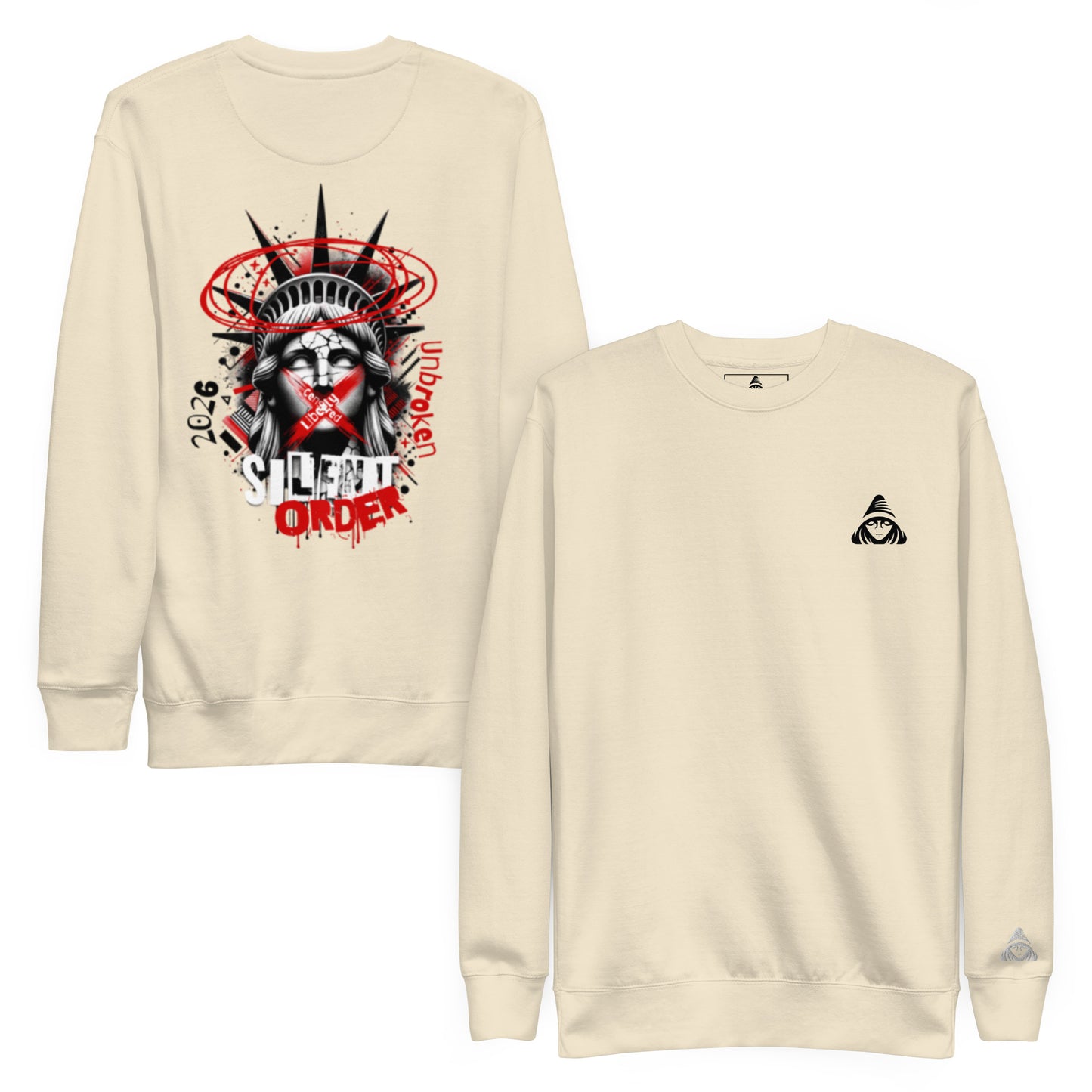 Two beige sweatshirts with graphic designs on a white background
