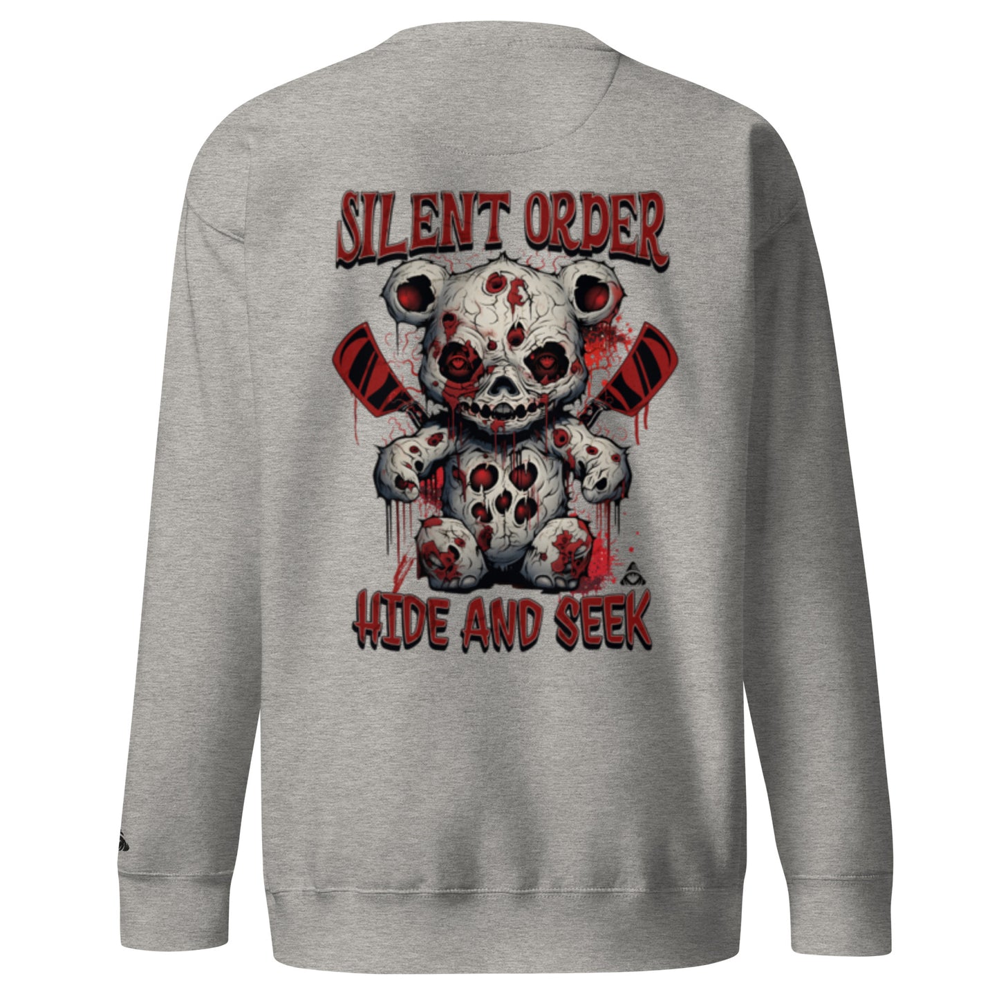 Gray sweatshirt with a graphic design of a skull teddy bear and text on the back, on a white background.