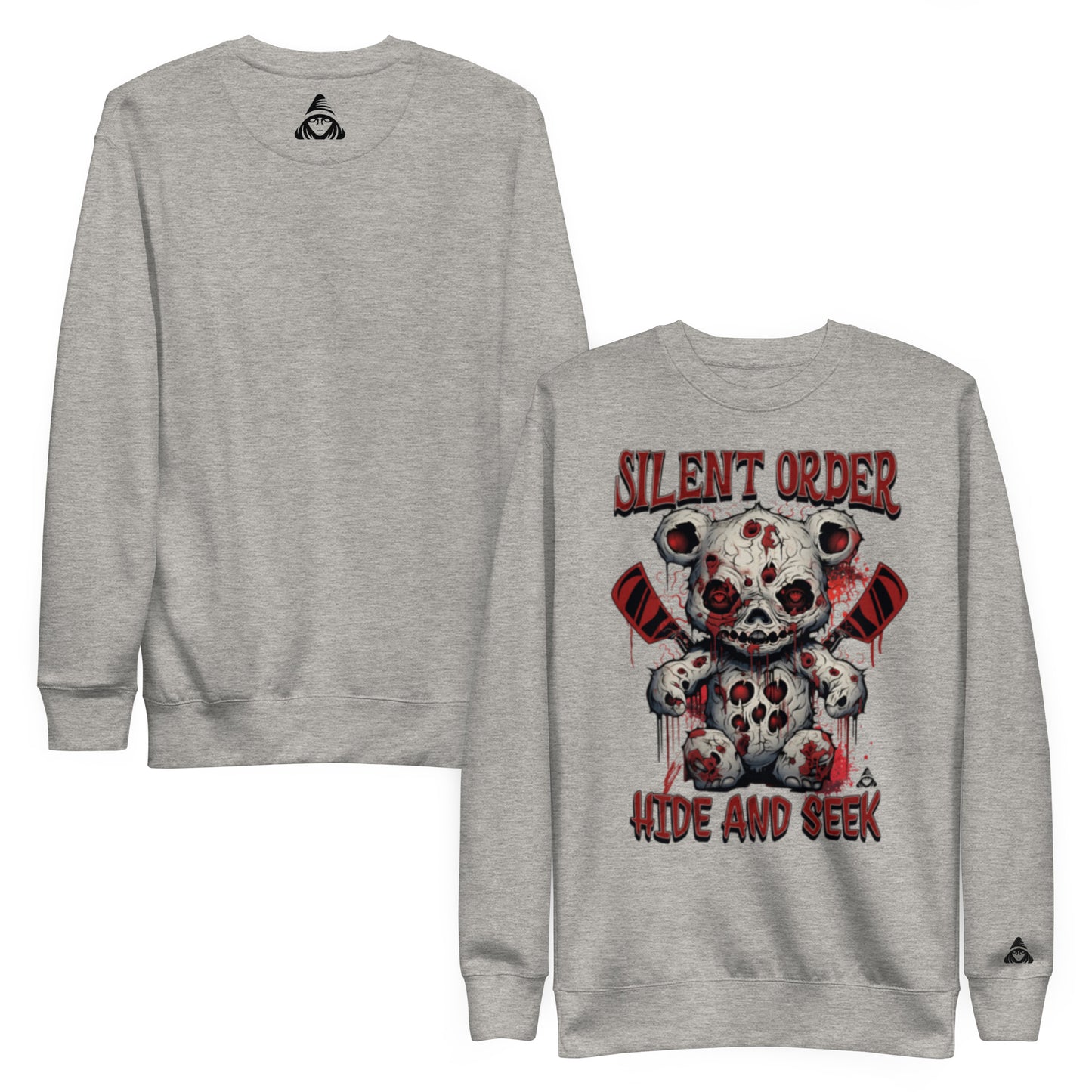 Gray sweatshirt with 'Silent Order' graphic design on a white background