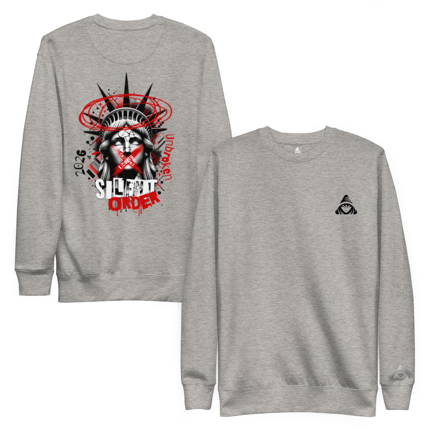 Gray sweatshirt with a graphic design on the front and a logo on the sleeve against a white background
