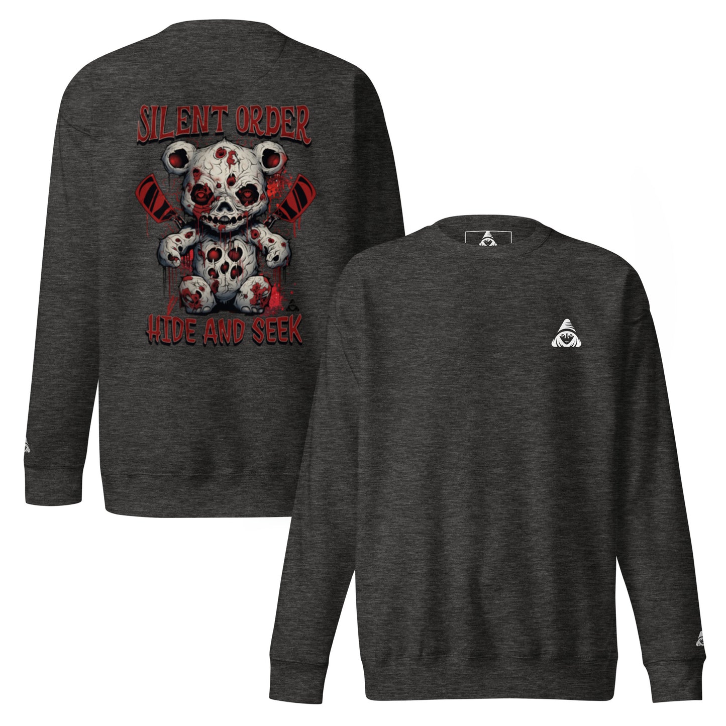 Gray sweatshirt with a graphic design on the back and a logo on the chest, displayed on a white background.