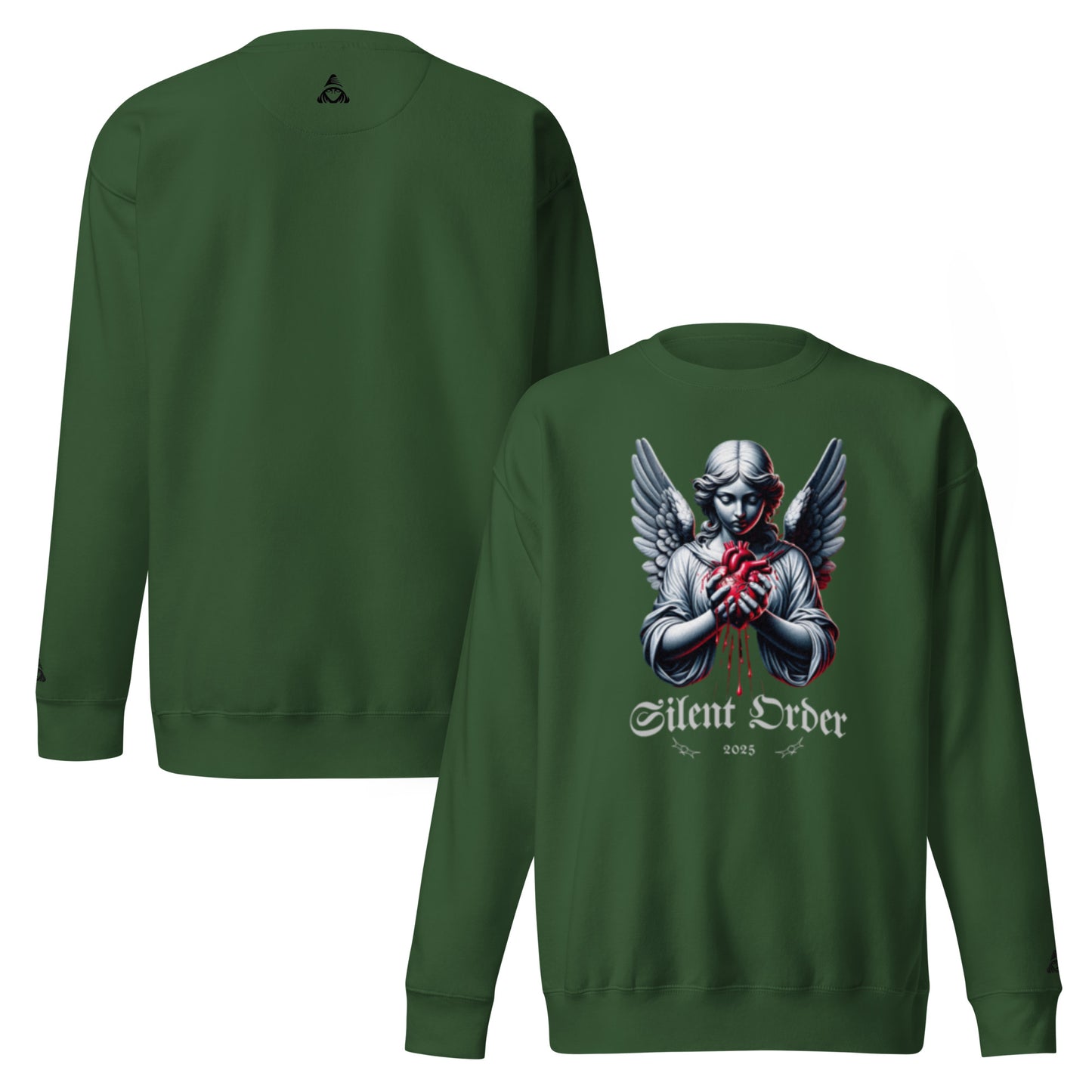 Green sweatshirt with an angel graphic and 'Silent Order' text on a white background