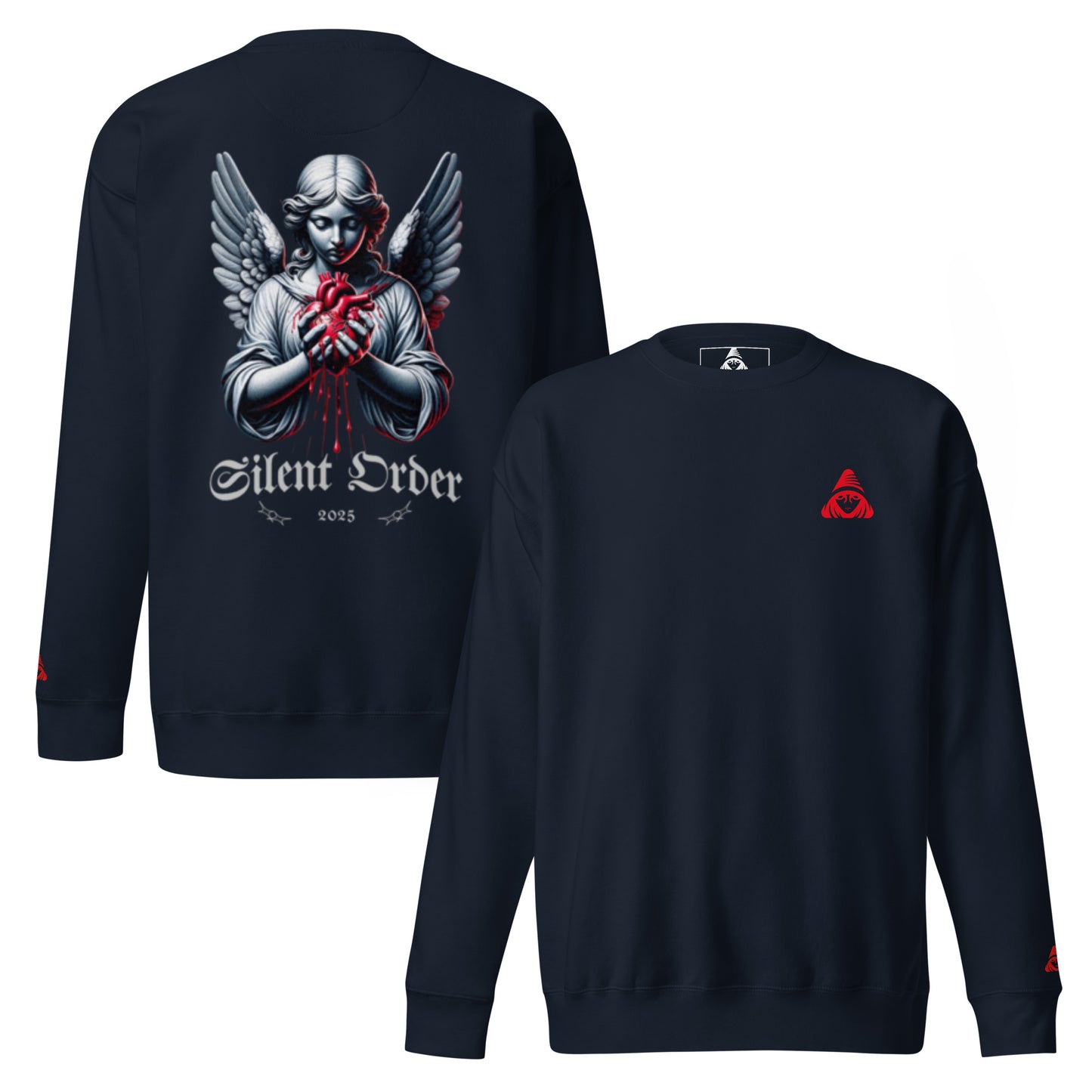Black long-sleeve shirt with angel graphic and 'Silent Order' text on the back, red logo on the sleeve.