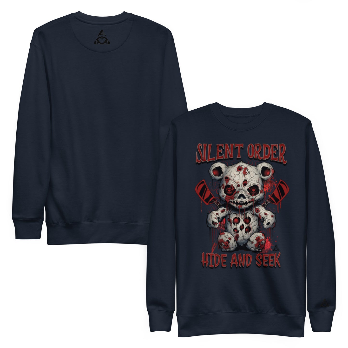 Navy blue sweatshirt with a graphic design and text on a white background