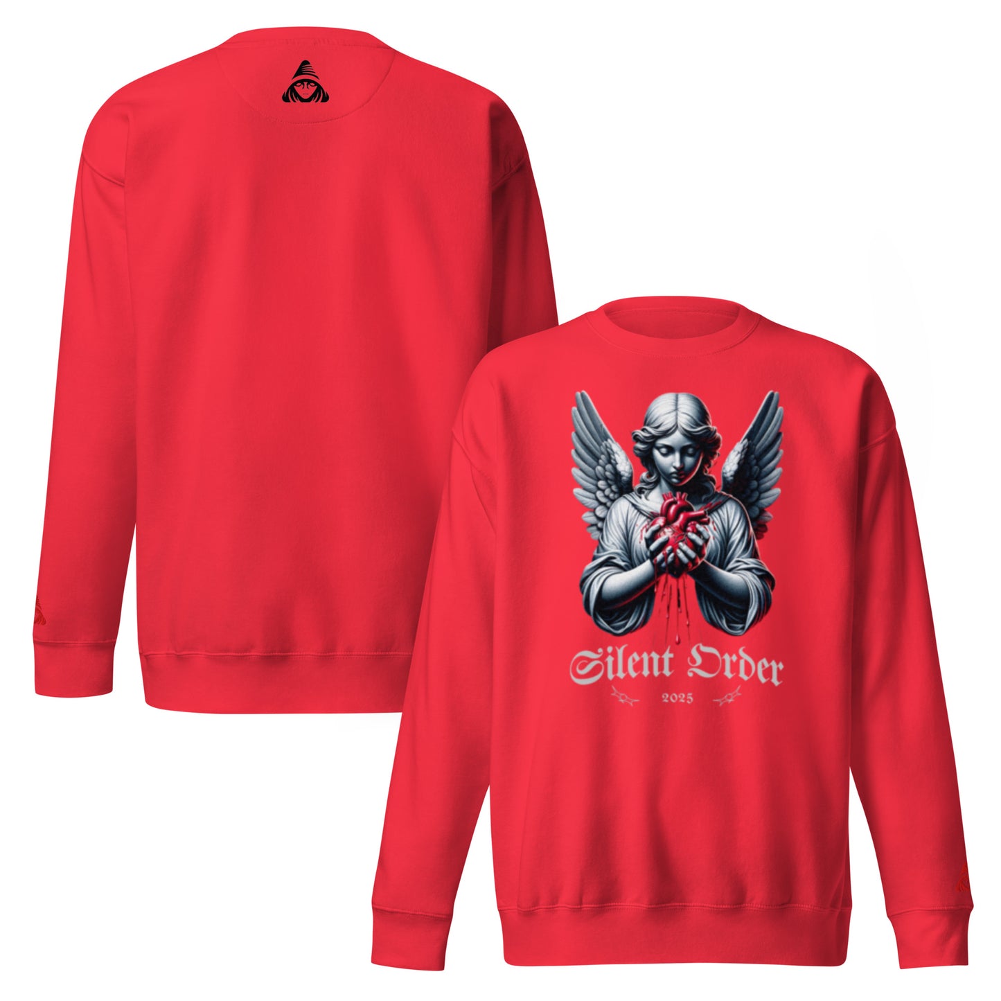 Red sweatshirt with an angel graphic and 'Silent Order' text on a white background