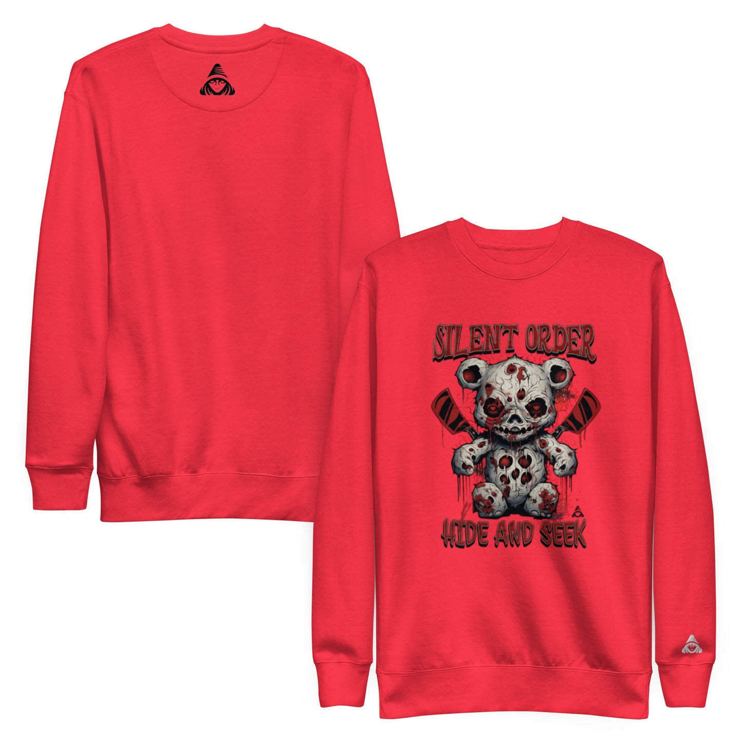 Red sweatshirt with a graphic design of a teddy bear and text on a white background