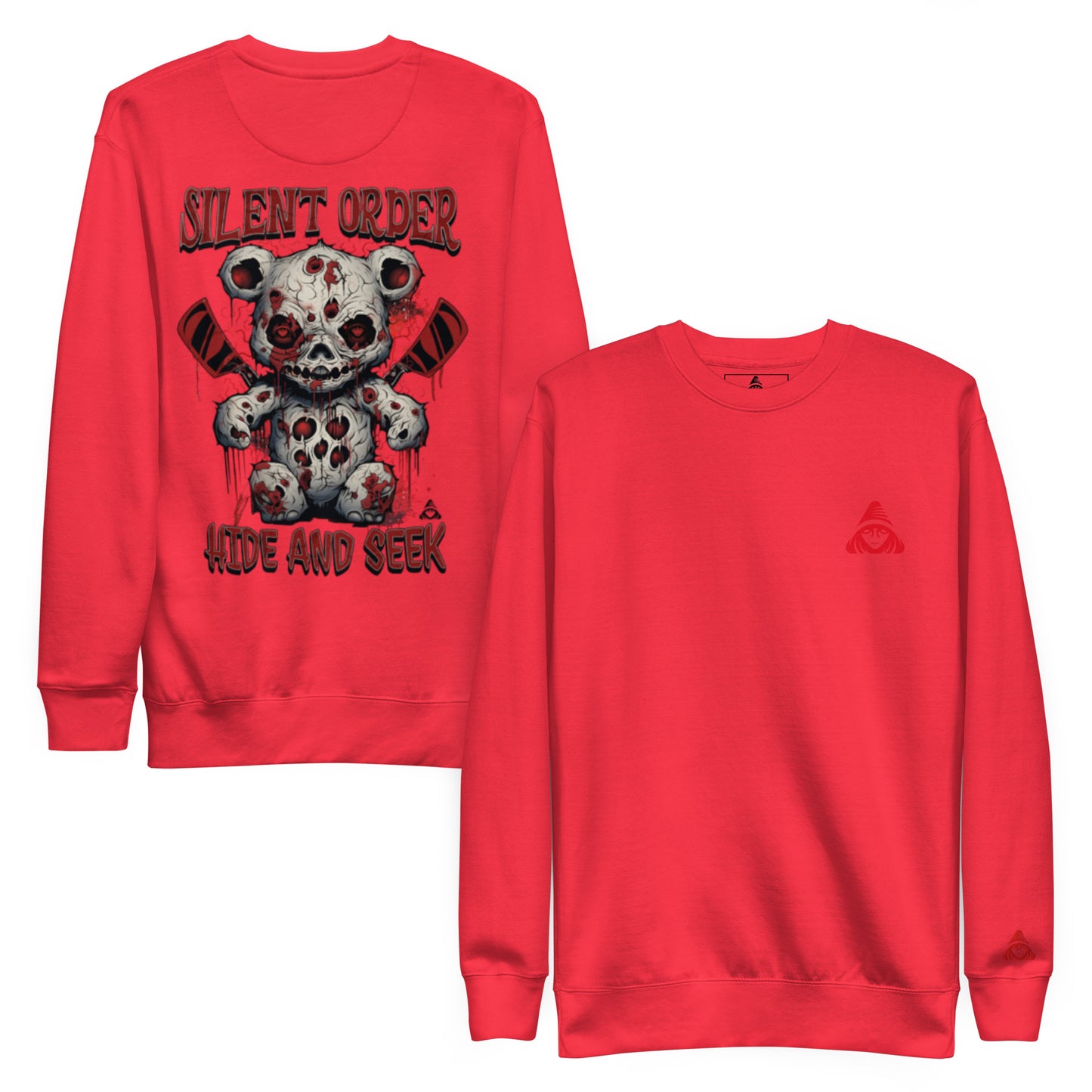 Hide and Seek Limited Edition Premium Luxury Series Back Graphic Sweatshirt - Red Logo Series - By Silent Order Apparel Brand - Unisex