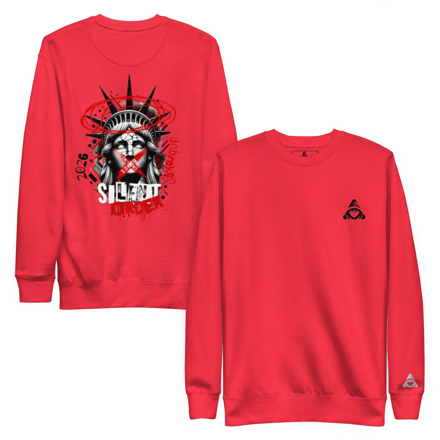 Red sweatshirt with graphic design on front and logo on sleeve against a white background