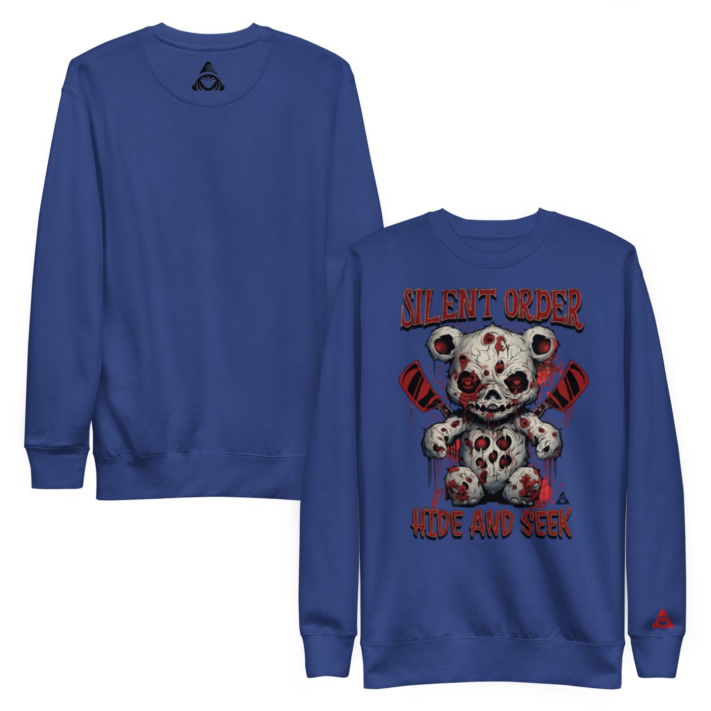 Blue sweatshirt with a graphic design of a teddy bear skeleton and text on a white background