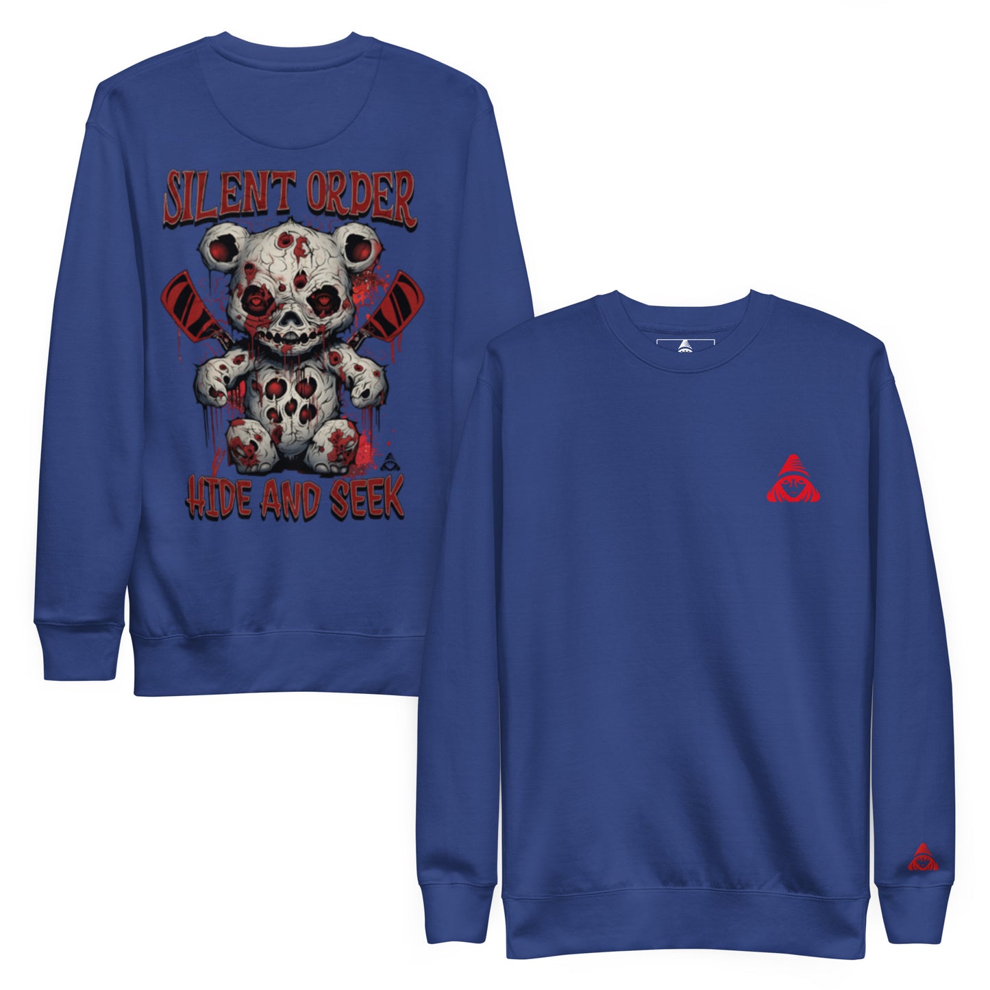 Blue sweatshirt with graphic design and brand logo on a white background