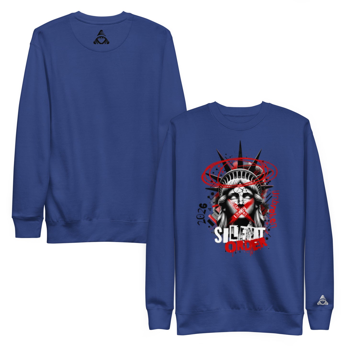 Blue sweatshirt with a graphic design on the front, displayed on a white background.