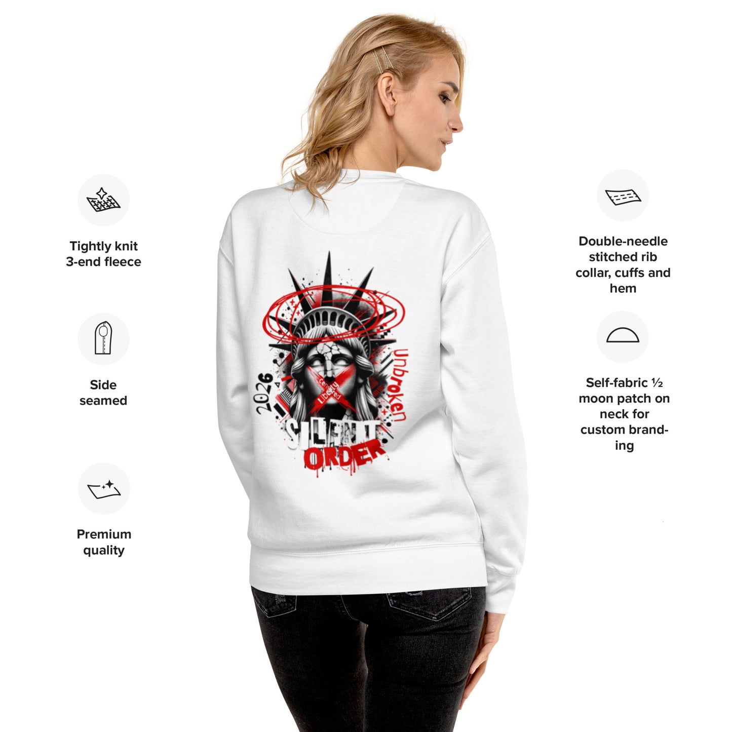 White hoodie with graphic design on the back, worn by a person, with text detailing hoodie features.