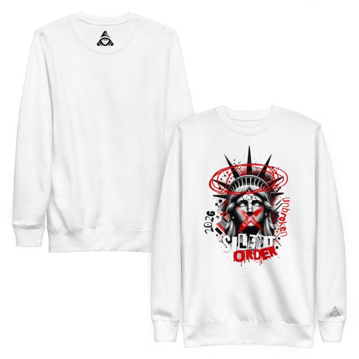 White sweatshirt with graphic design on front and back on a white background