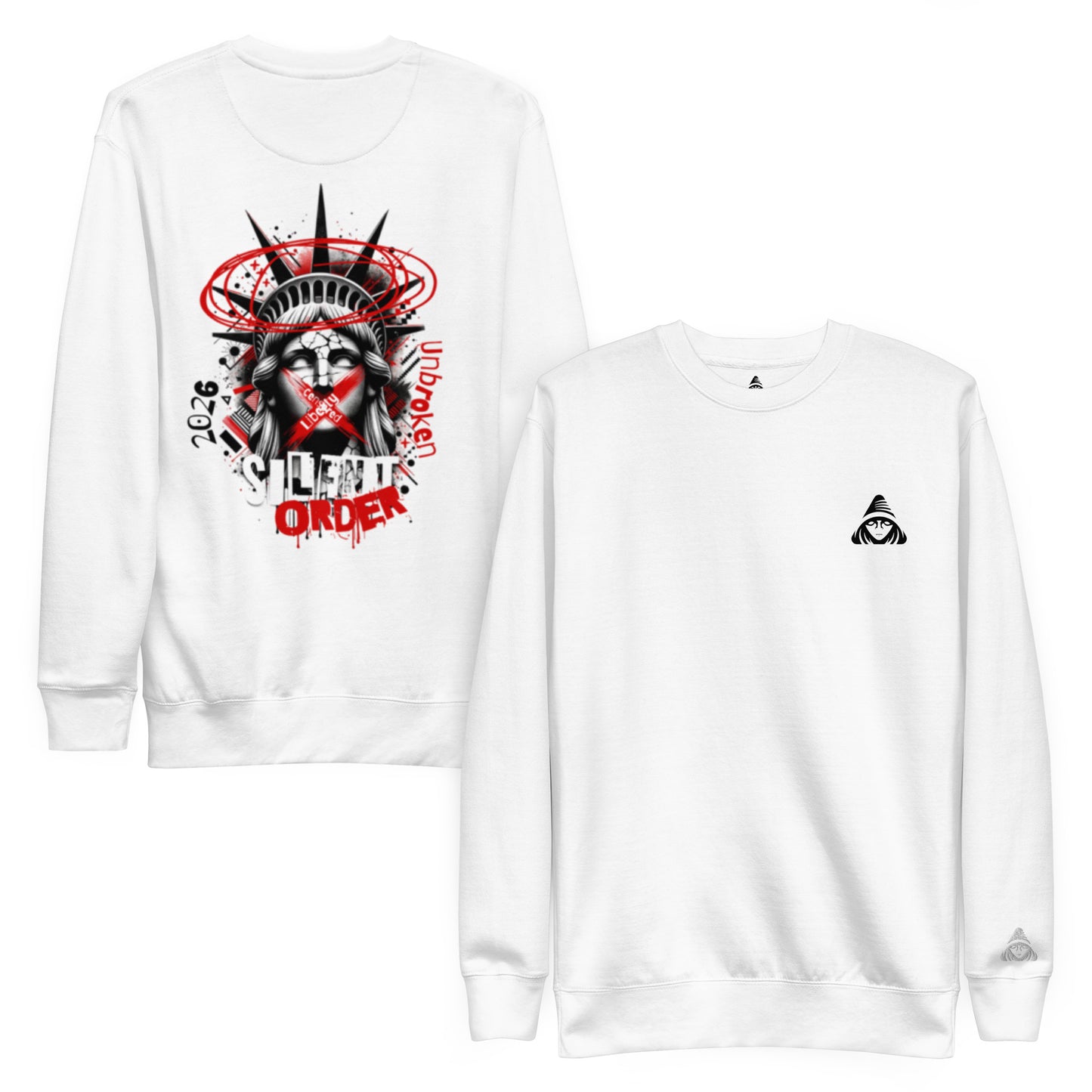 White sweatshirt with graphic design and brand logo on a white background