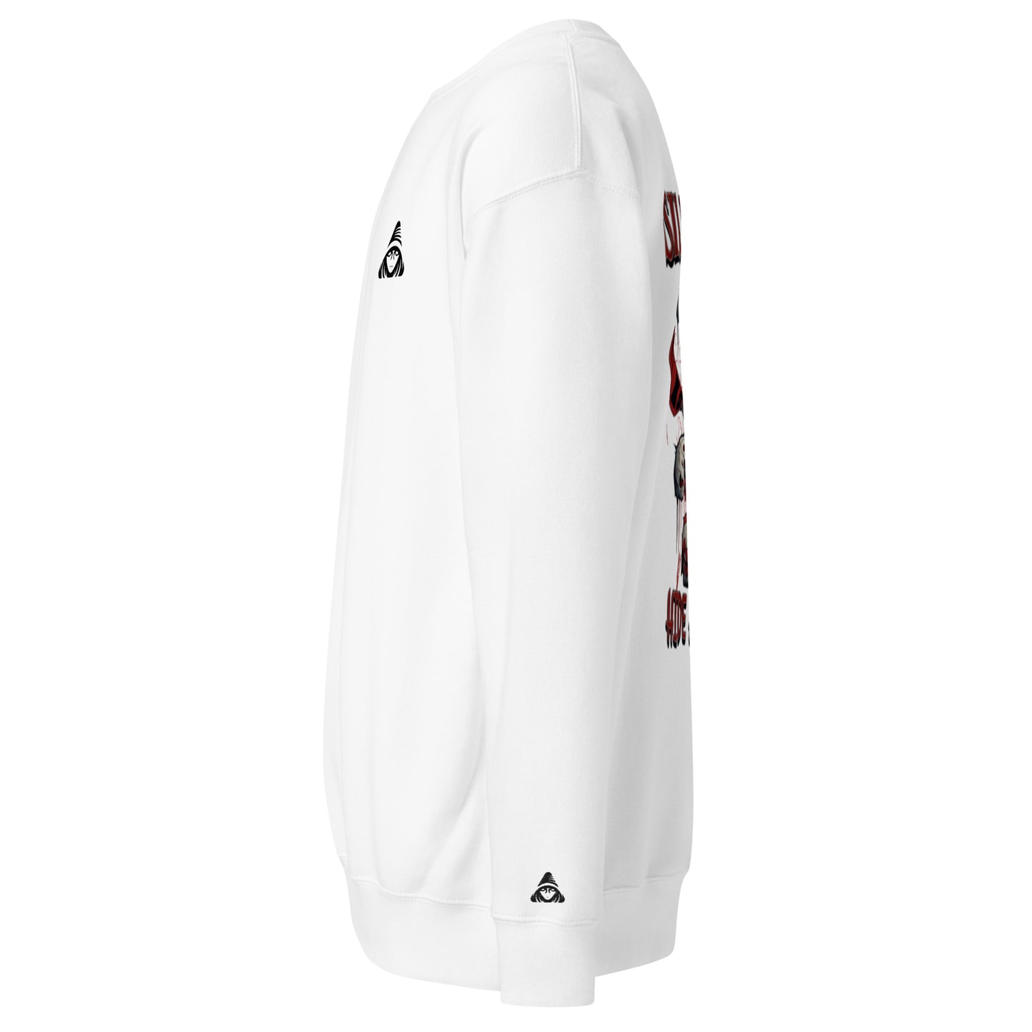 White sweatshirt with a logo on the sleeve against a white background