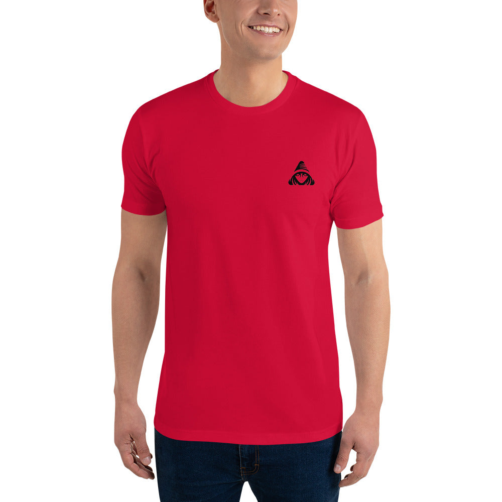 Person wearing a red t-shirt with a black logo on a white background