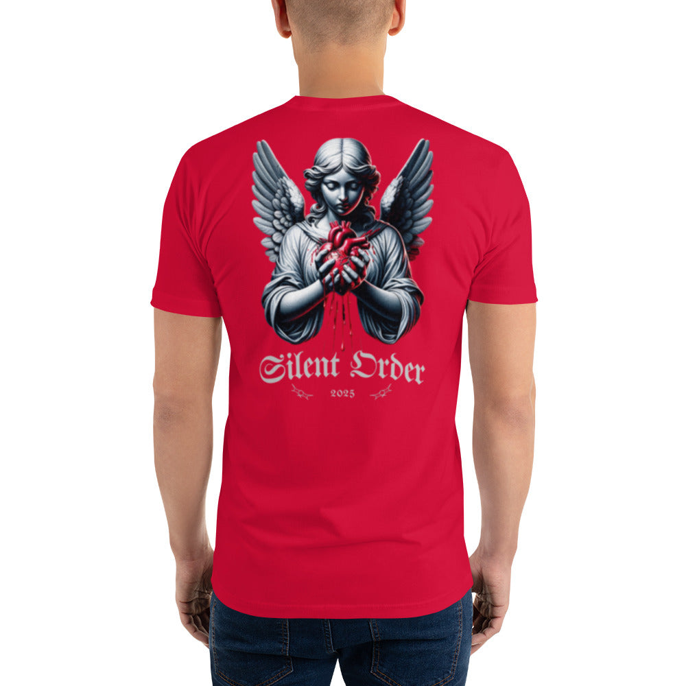 Red t-shirt with an angel graphic and 'Silent Order' text on the back, worn by a person.