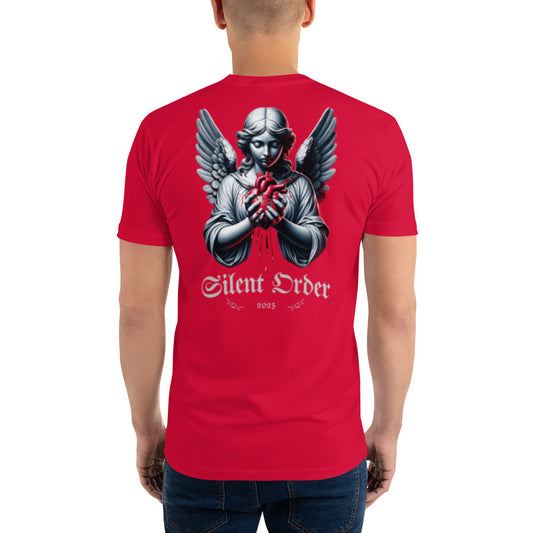Red t-shirt with an angel graphic and 'Silent Order' text on the back, worn by a person.