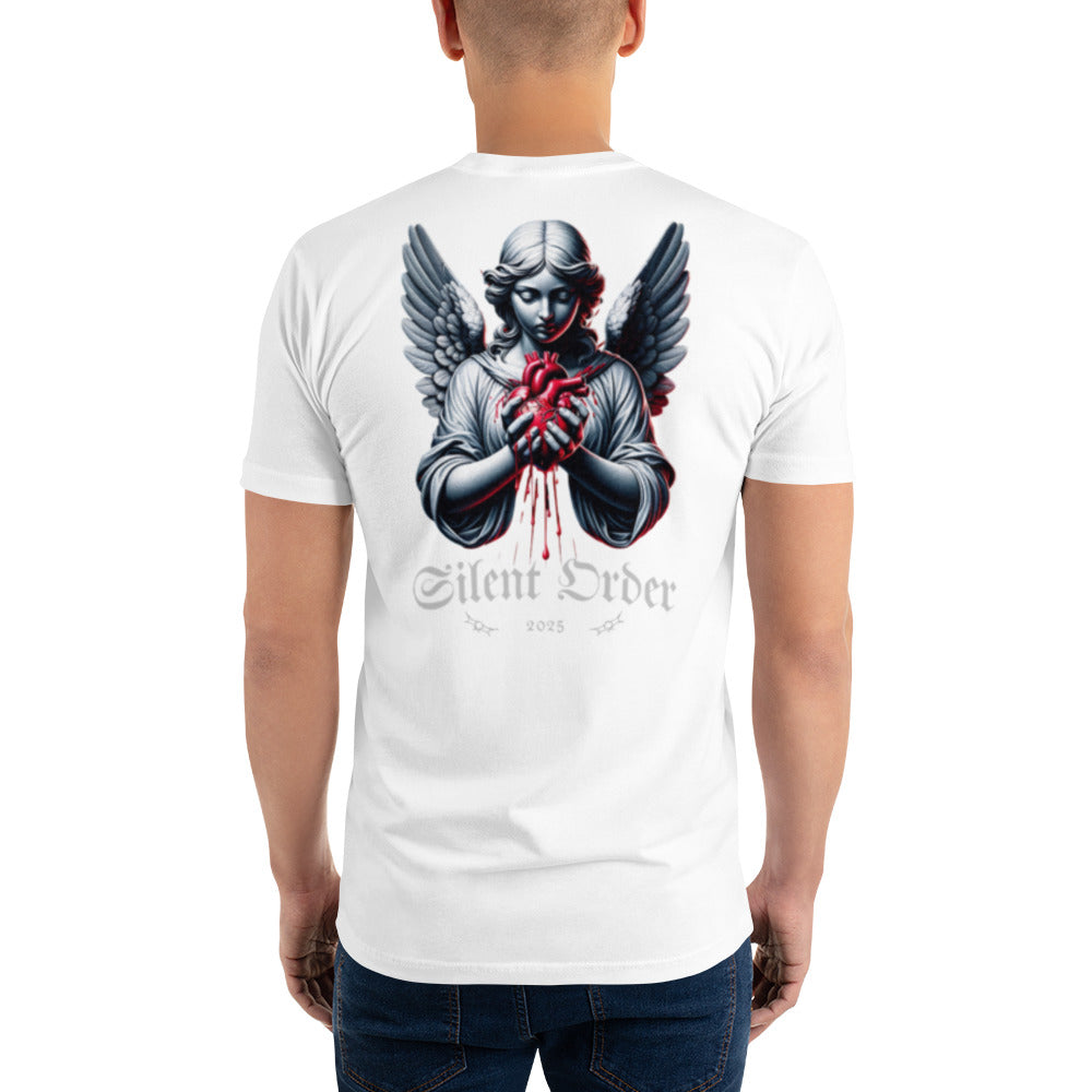 White t-shirt with an angel graphic and 'Silent Order' text on the back, worn by a person.