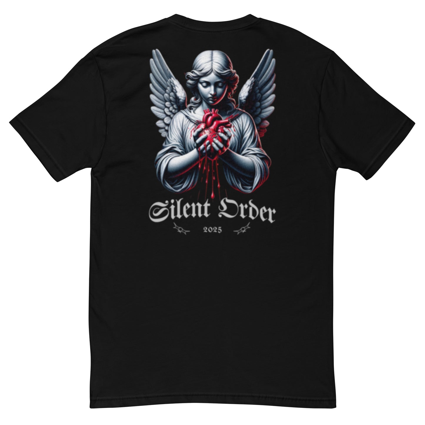 Black t-shirt with an angel holding a heart design and 'Silent Order' text on a white background