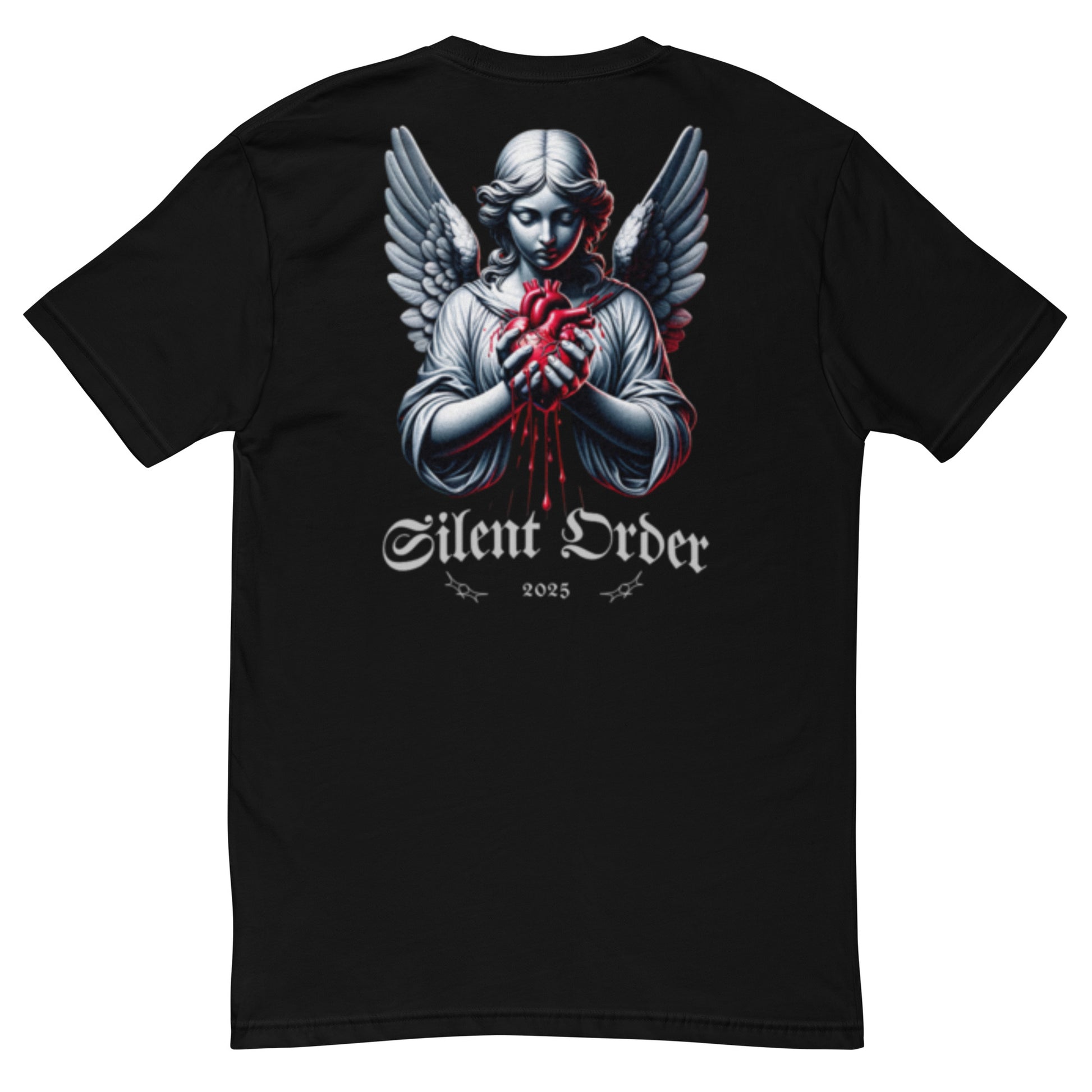 Black t-shirt with an angel holding a heart design and 'Silent Order' text on a white background