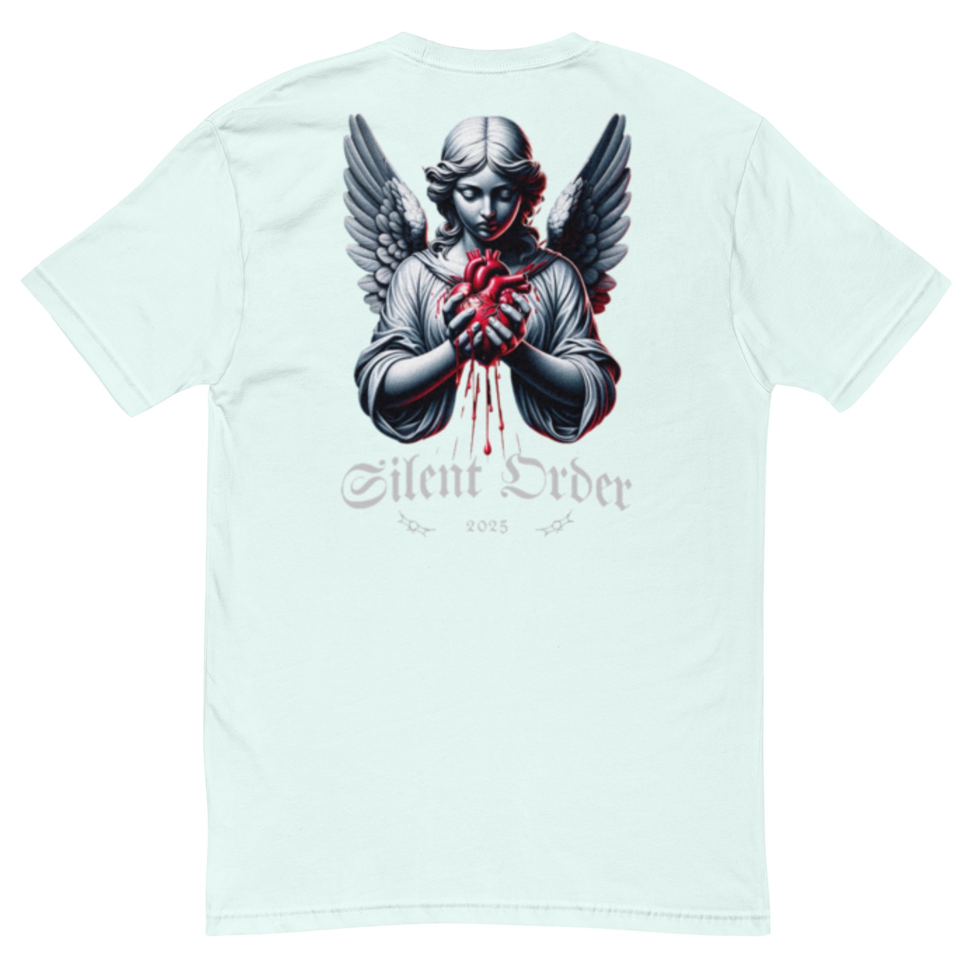 Light blue t-shirt with an angel graphic and 'Silent Order' text on a white background