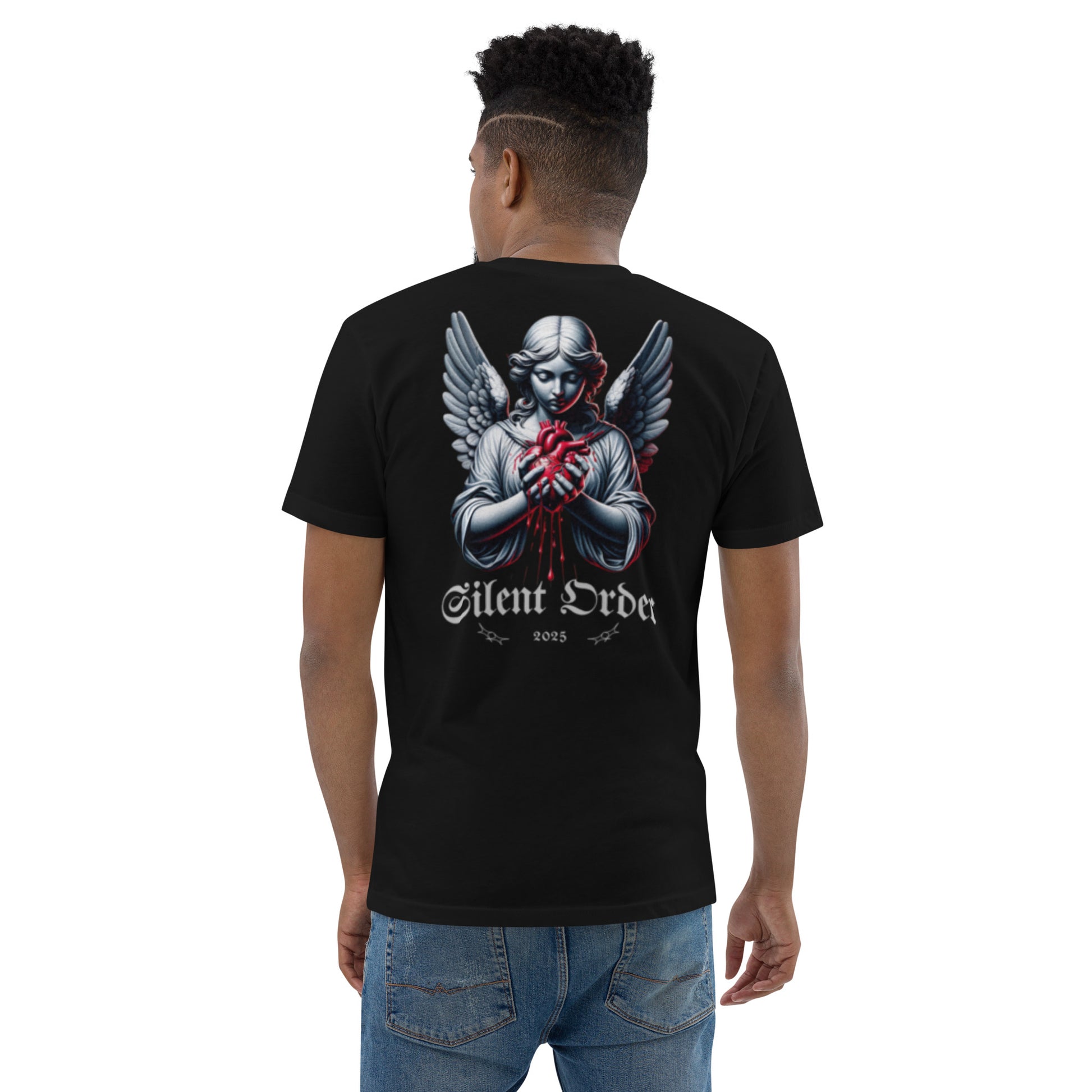 Person wearing a black t-shirt with an angel graphic and 'Silent Order' text on the back.