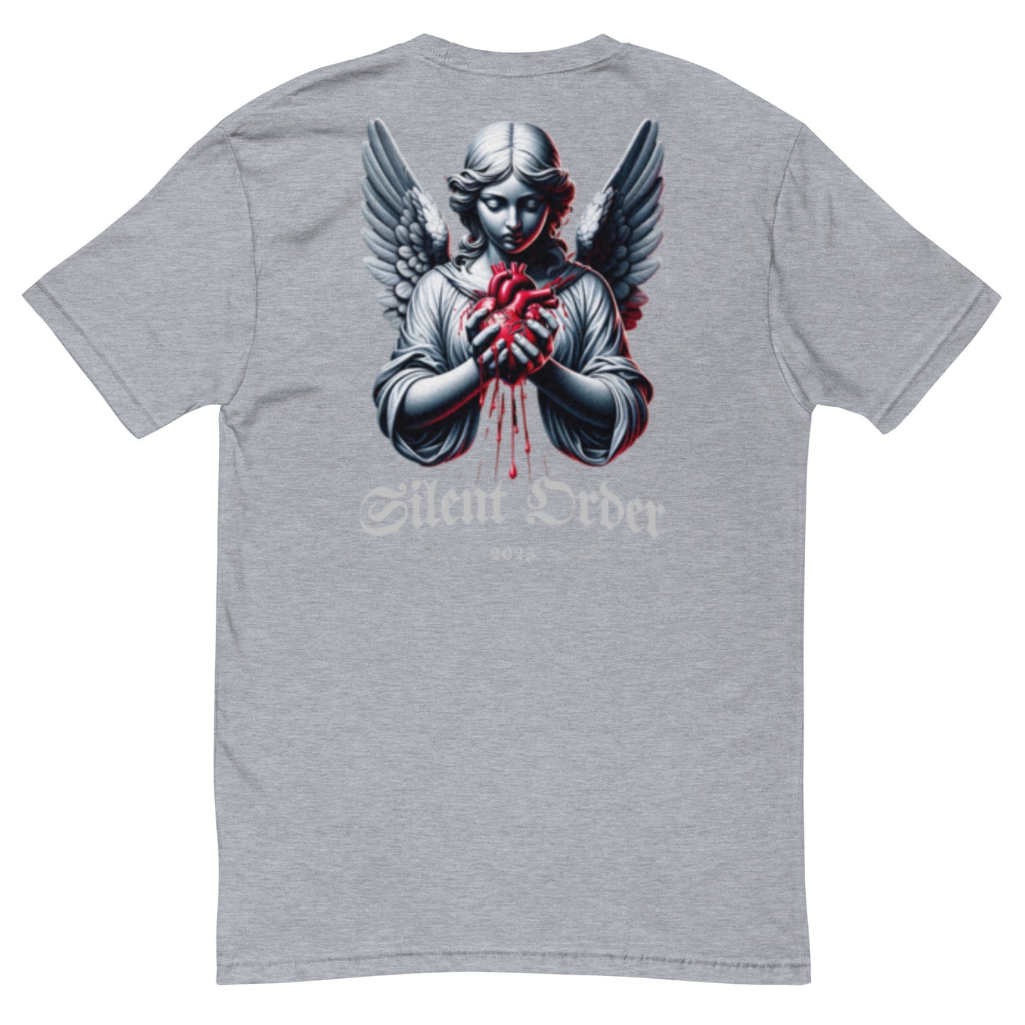 Gray t-shirt with an angel graphic and 'Silent Order' text on a white background