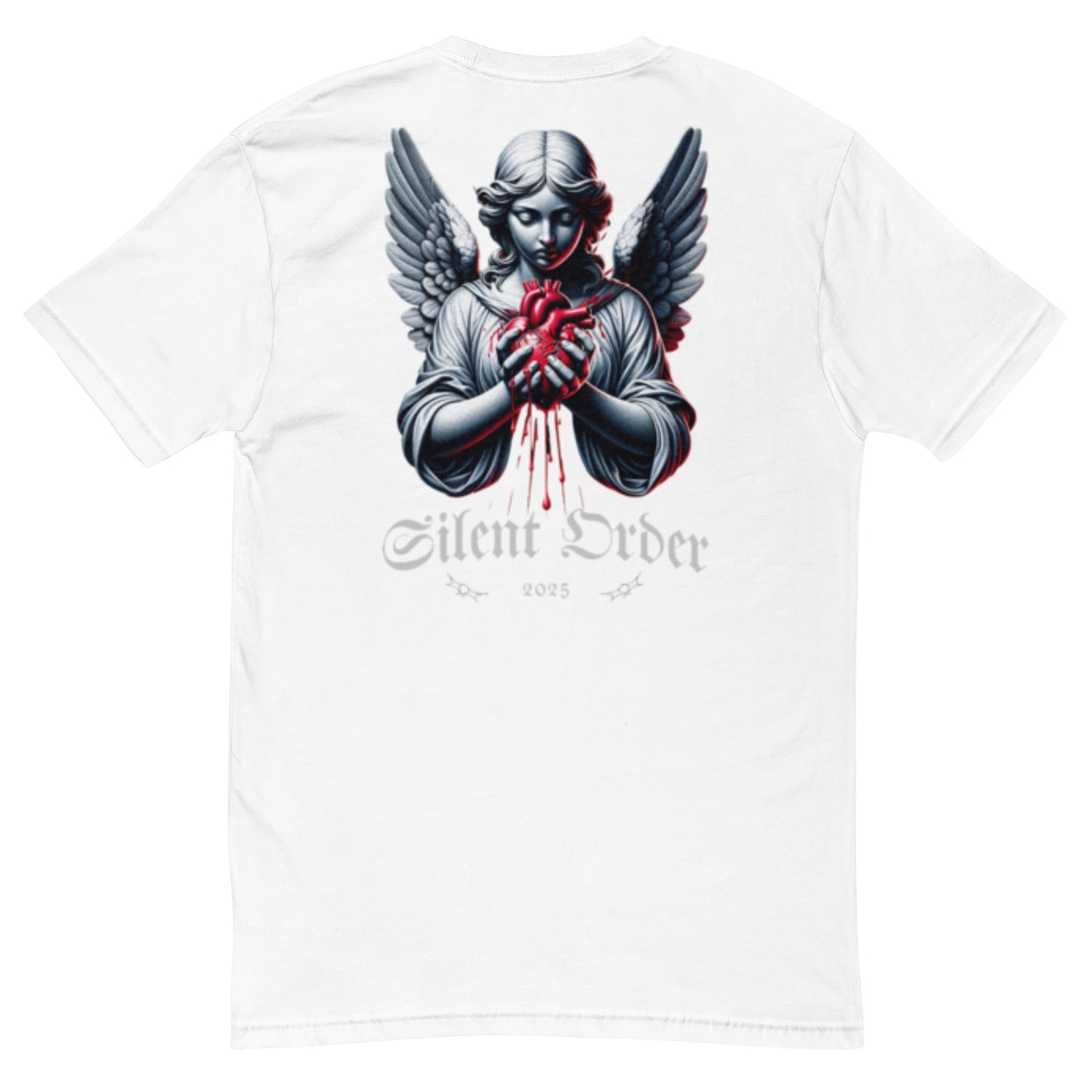 White t-shirt with an angel graphic and 'Silent Order' text on a white background