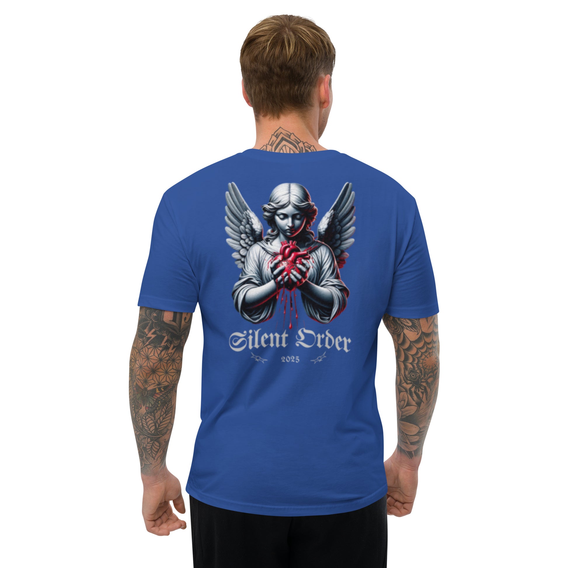 Man wearing a blue t-shirt with an angel graphic and 'Silent Order' text on the back.